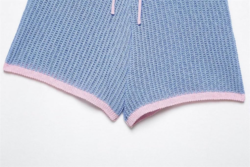 Women's Summer Knitted Polo Two Piece Set Short Sleeve Top High Waist Shorts Elegant Suit