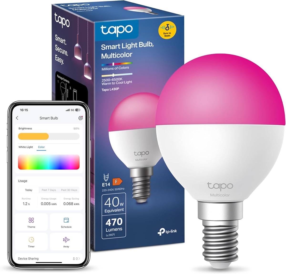 Tapo L430P, E14 Smart Bulb,Alexa Light Bulbs with Millions Colours,470 Lumens,Dimmable,Auto Biorhythm,Music Sync,Voice/APP Control,Schedule & Timer, Google Home, No Hub Required,Energy Monitor