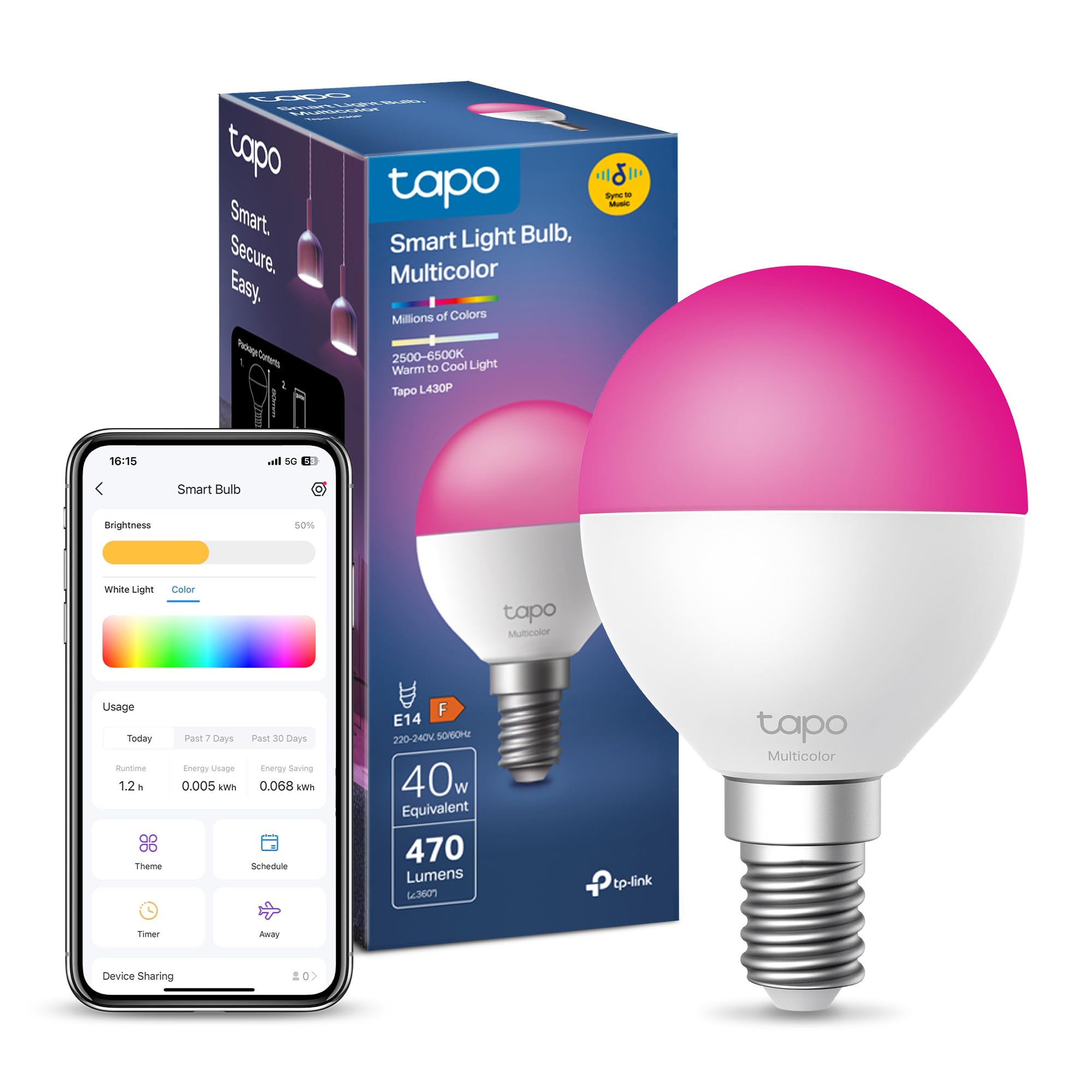 Tapo L430P, E14 Smart Bulb,Alexa Light Bulbs with Millions Colours,470 Lumens,Dimmable,Auto Biorhythm,Music Sync,Voice/APP Control,Schedule & Timer, Google Home, No Hub Required,Energy Monitor