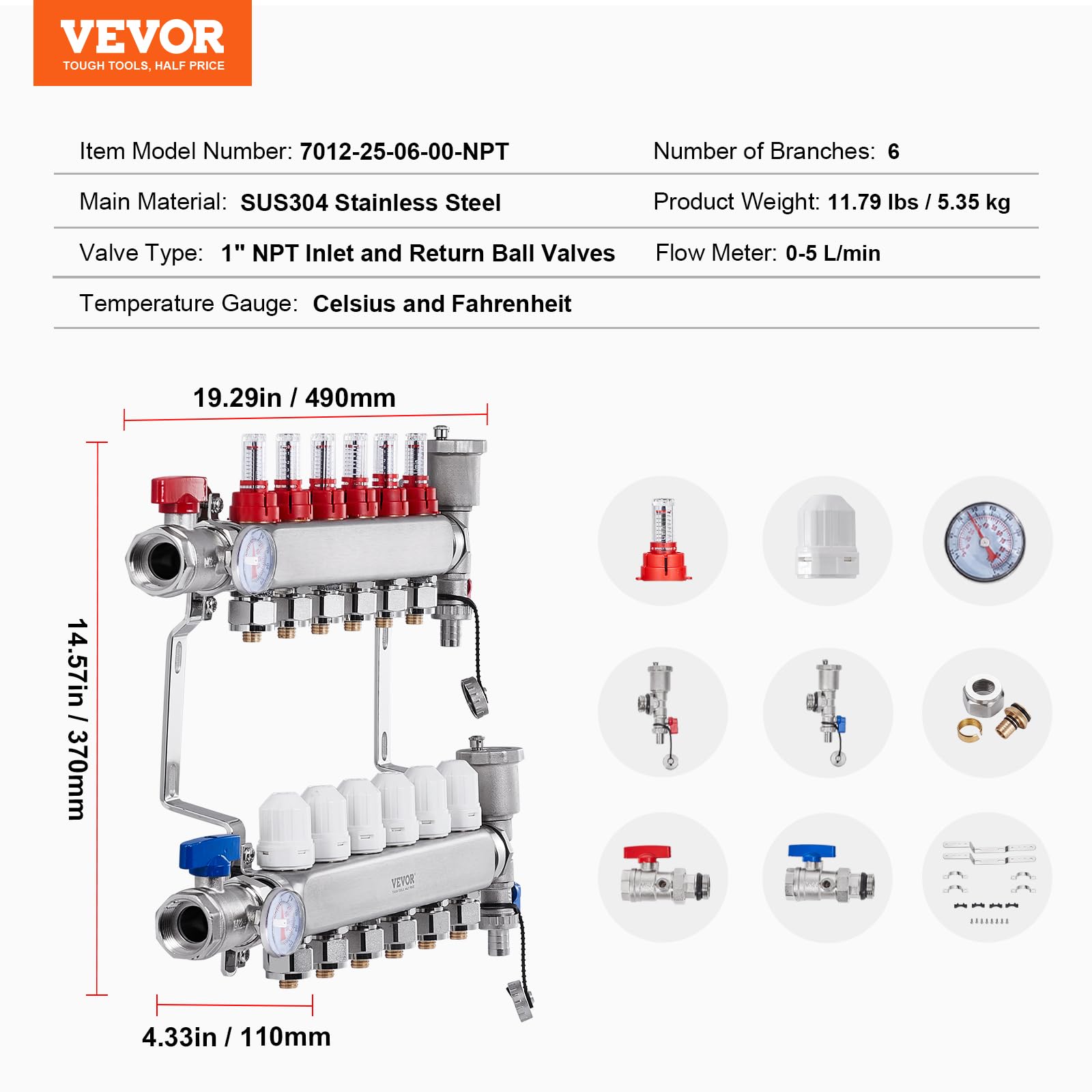 VEVOR Colector de Calor Radiante de 6 Derivaciones, Colector de Tubería PEX de Acero Inoxidable SUS304 para Calefacción por Suelo Radiante Hidrónico, con Adaptadores, 490 x 370 x 110 mm, 0-5 L/min