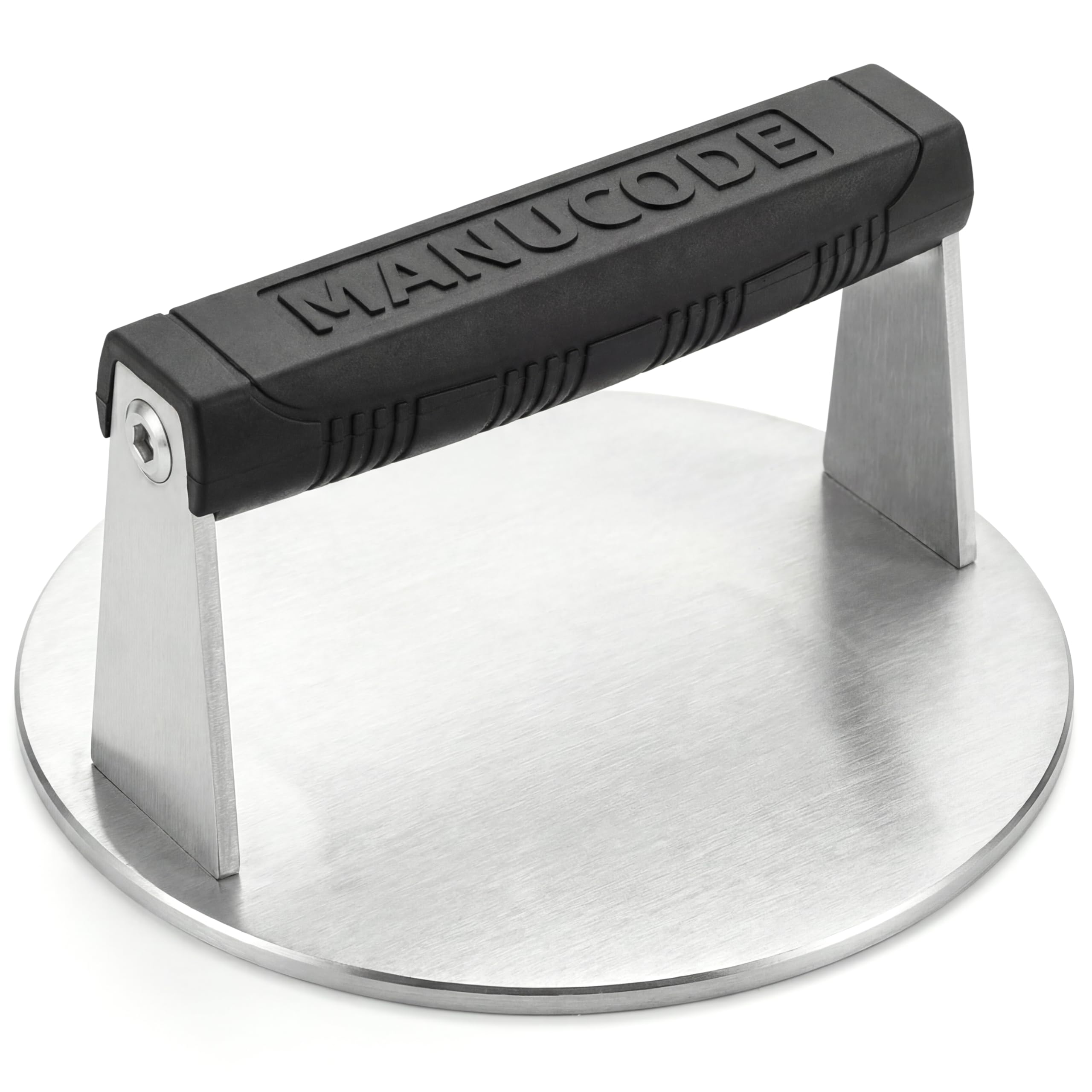 Manucode Black, Silver 18 Cm Stainless Steel Burger Press, 1.22 Kg Round Burger Smasher And Bacon Press With Silicone Handle, Dishwasher Safe Grill Press For Smash Burgers, Steak, Bacon, Panini And Bbq