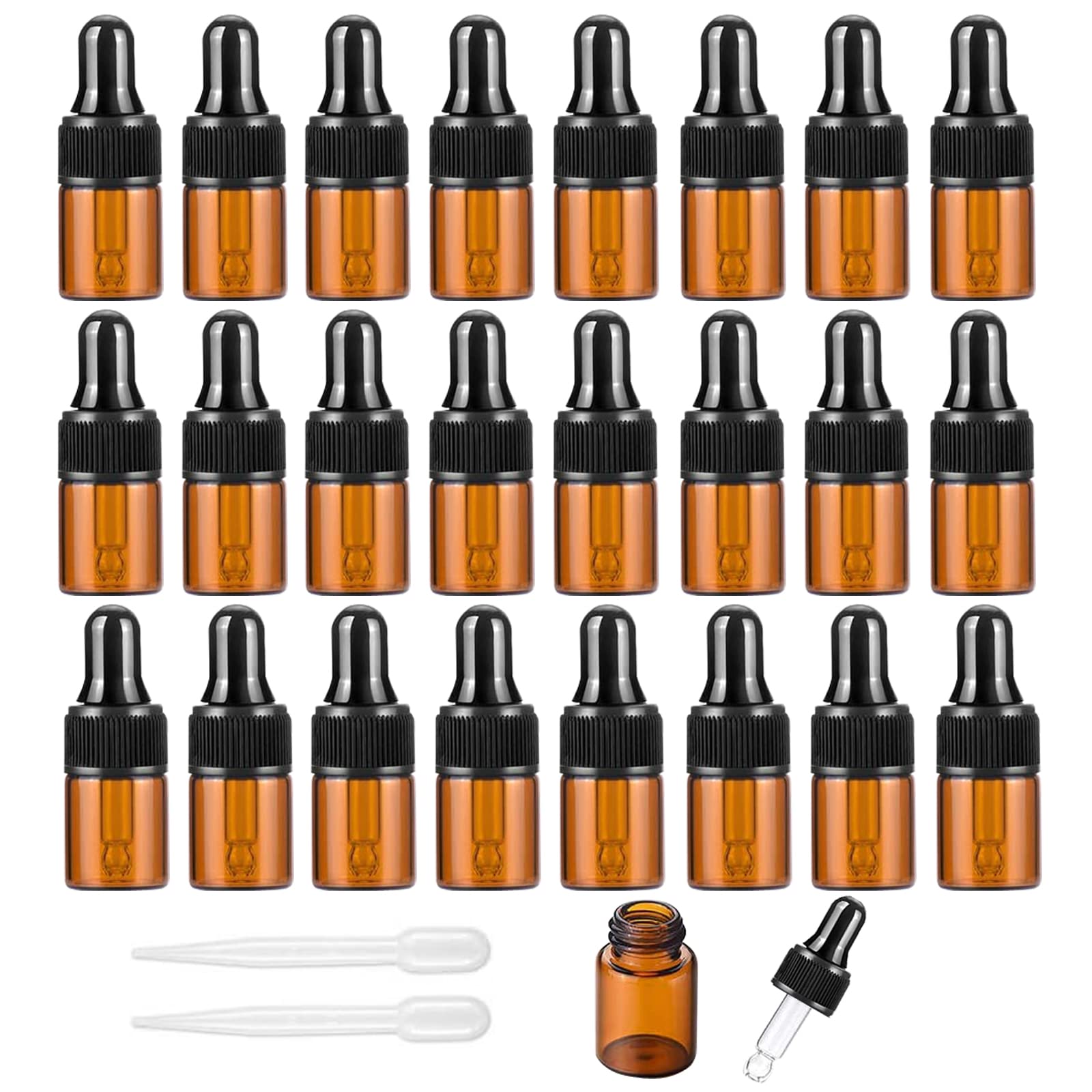 Alledomain 2Ml 24Pcs, Amber Glass Sample Dropper Bottles, Empty Mini Bottles With Dropper Pipettes Black Cap Refillable Small Sample Vials Container For Essential Oil Perfume Cosmetic Liquid