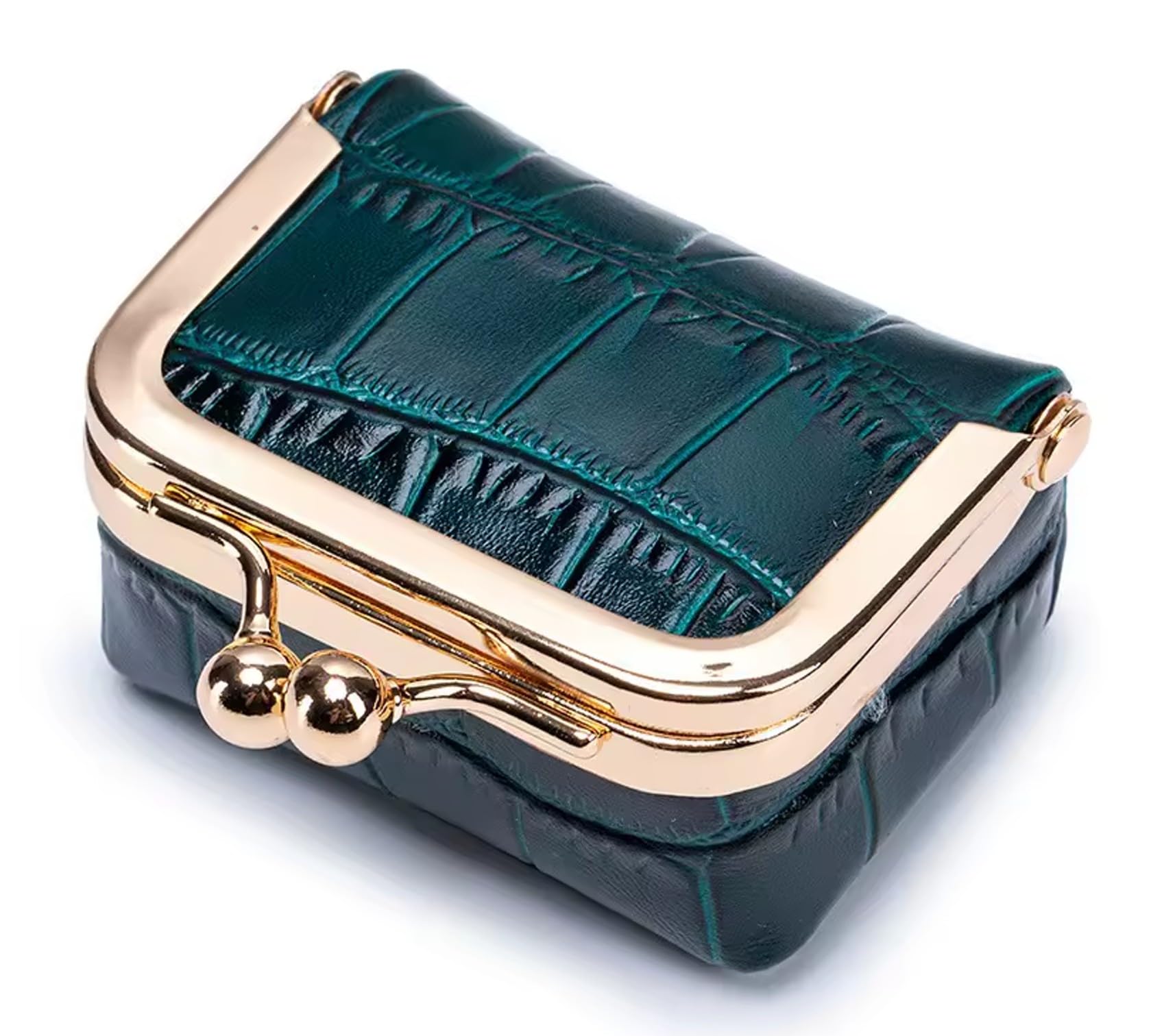 AurexaFashion Genuine Leather Mini Jewelry Box for Women, Square Coin Purse with Kiss Lock, Jewelry Organizer Travel Case (Small, Dark Teal)