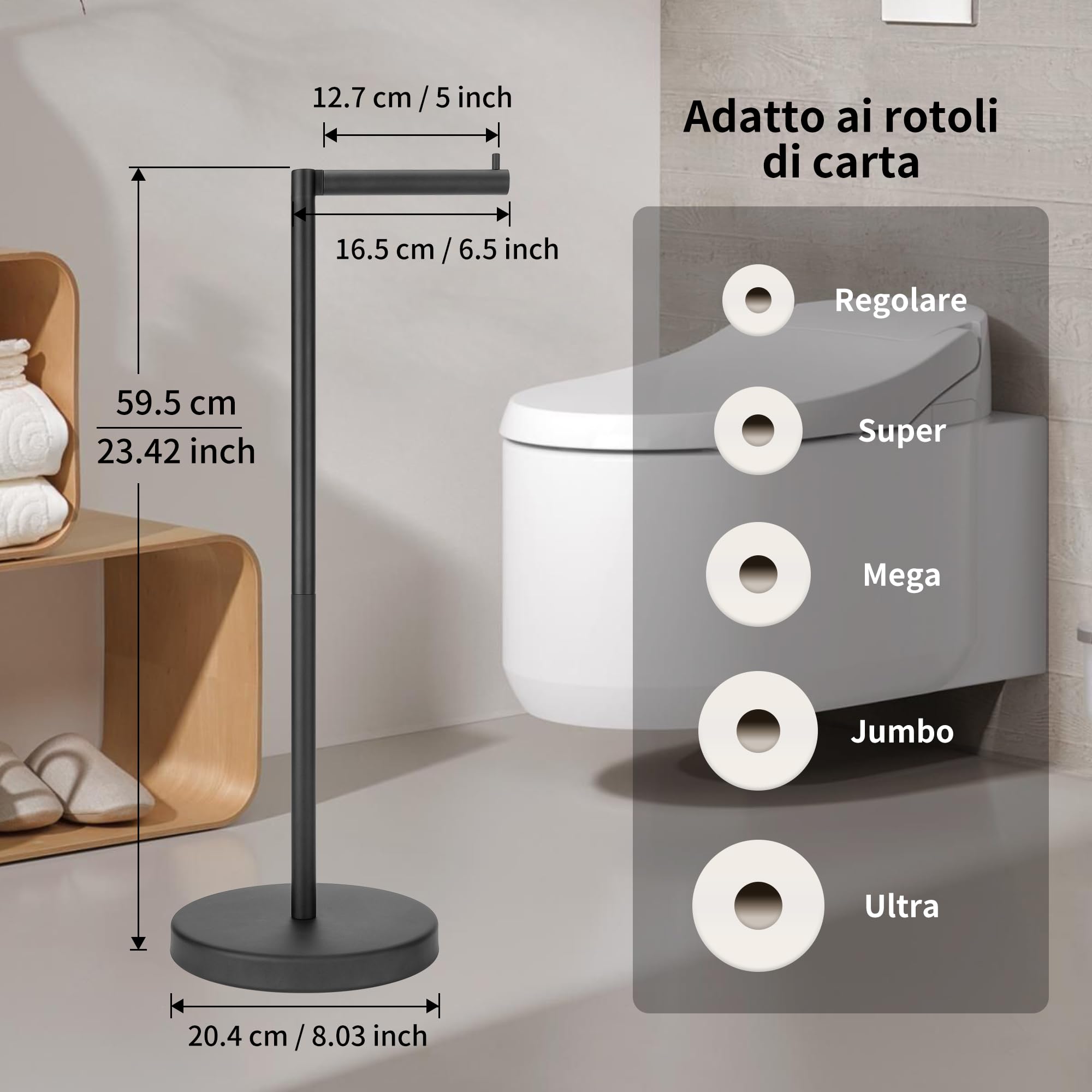 RFOUO Supporto per carta igienica autoportante, con base pesante per 4 + 1 rotoli, supporto per carta igienica nero opaco, porta carta igienica, supporto per carta igienica, supporto per carta