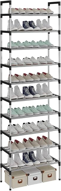 AcornFort® S-508 10 Tiers Silver Adjustable Shoe Storage Tall Shoe Rack Organiser Shelf Hold Stand for 30 Pairs Shoe, 56 x 30 x 170cm, Sturdy Design, Space Saving