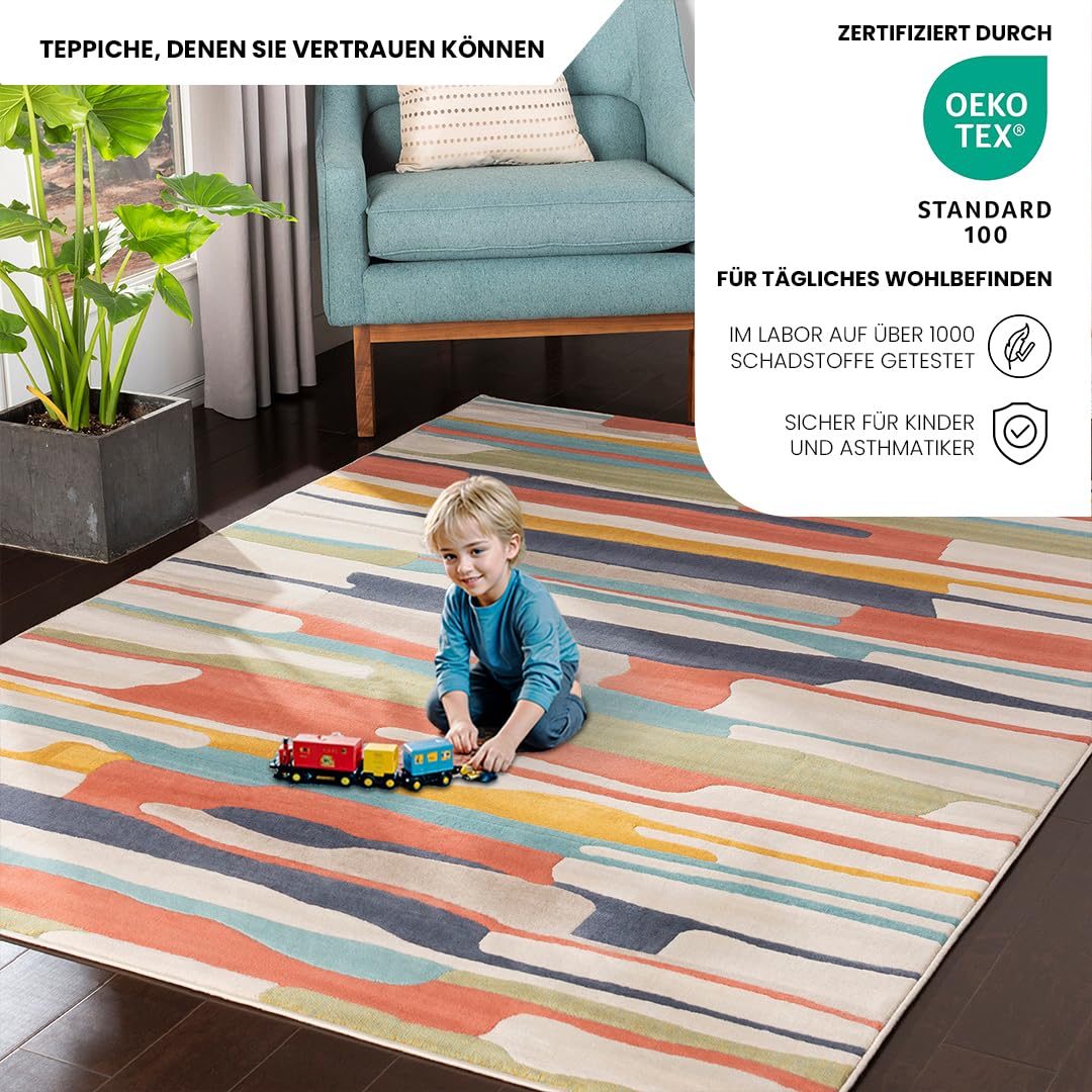Livabliss Atlanta Boho 120x170 cm - Wohnzimmer, Schlafzimmer, Esszimmer, geometrisches Muster, Skandi Stil in Orange, Blau, Beige