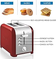 Vista 5 de Koolatron Kenmore - Tostadora de 2 rebanadas, acero inoxidable, rojo y plateado, con ranuras extra anchas, guías de pan autoajustables