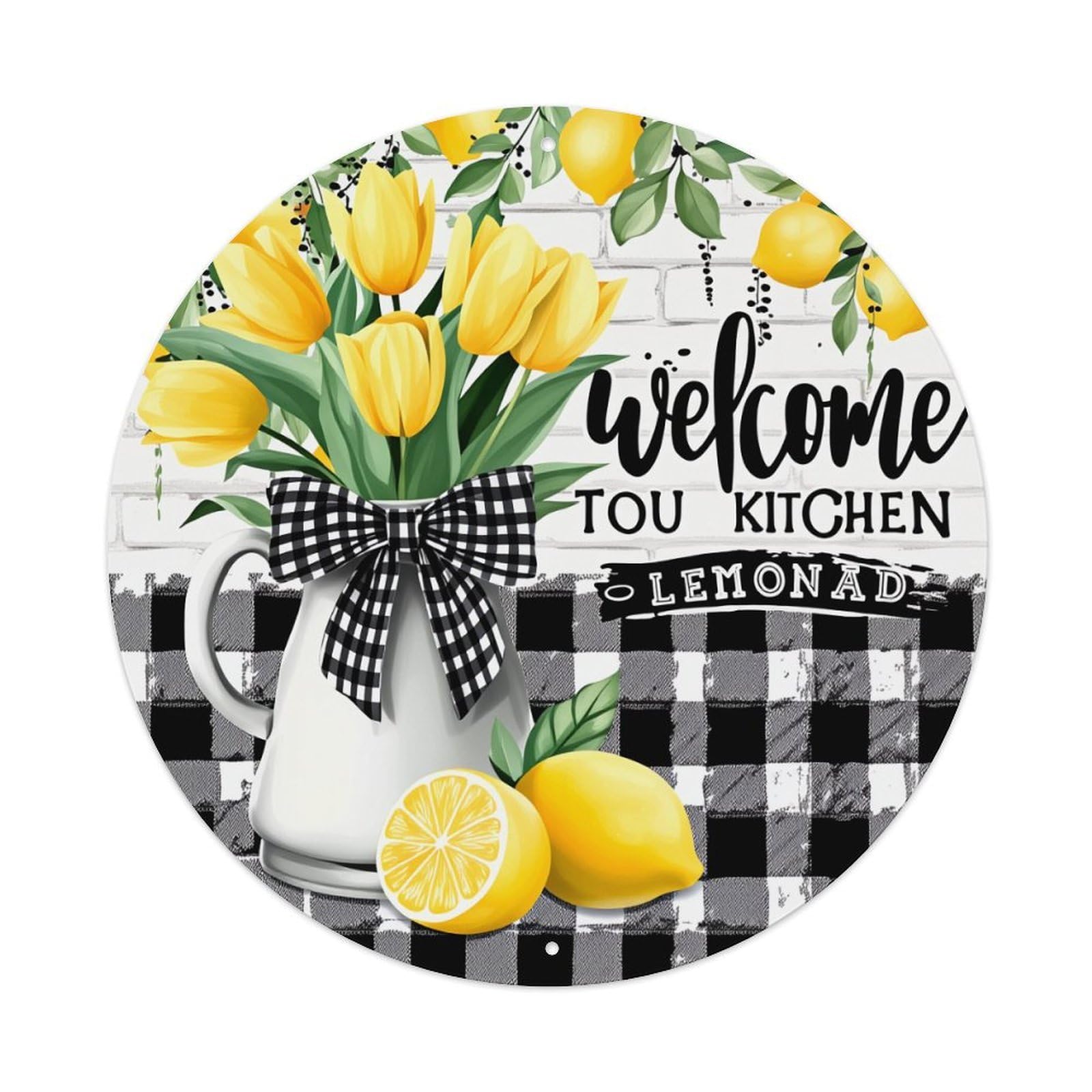 Welcome Kitchen Lemonade Tulips Lemons Round Tin Sign Retro Metal Sign for Cafe Bar Pub Home Game Room Gym Club Wall Decoration Vintage Metal Poster 8x8 Inch