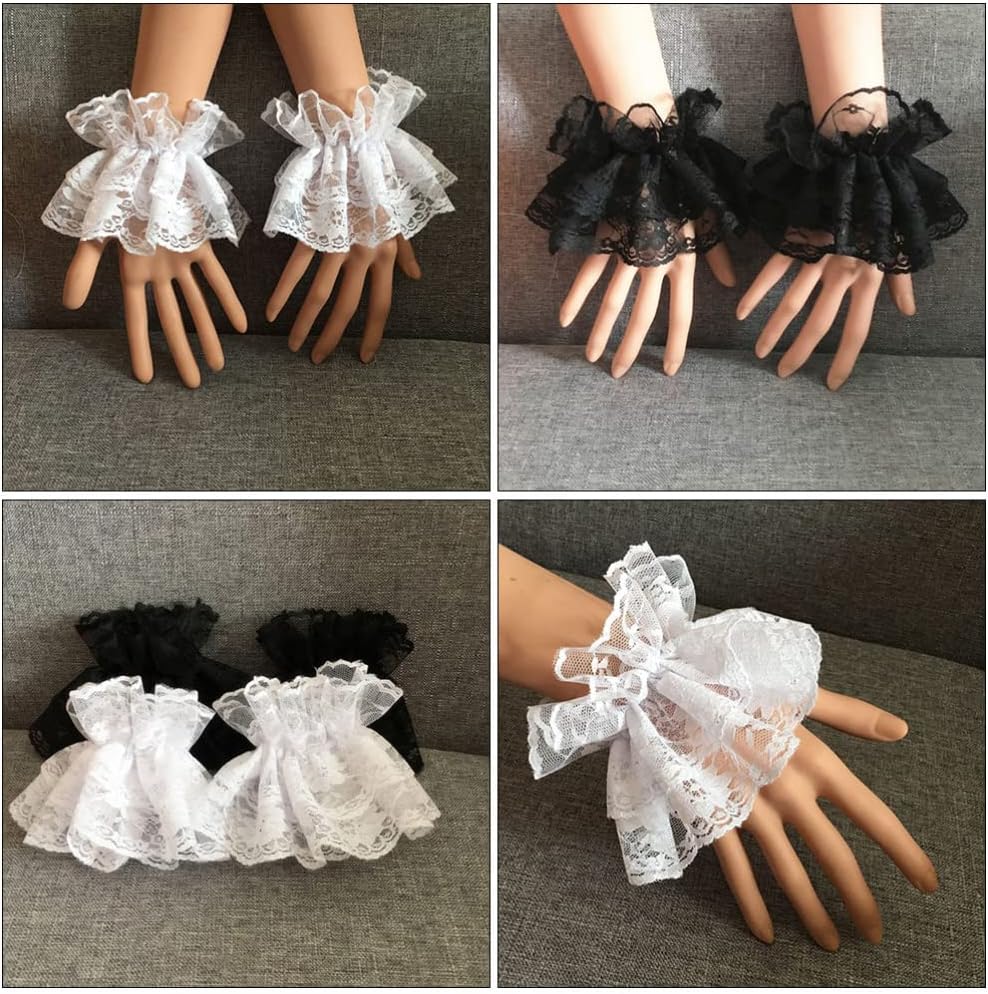 KESYOO Lace Sleeves for Women Fingerless Wrist Cuffs 2 Pairs Lolita Style Black and White Lace Cuff Gloves Elegant Lolita Accessories