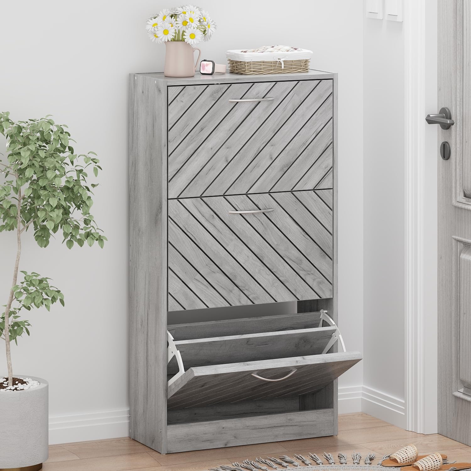 FUNISIR Slim Shoe Cabinet with 3 Flip Drawers, Entryway Organizer, Wooden Narrow Shoe Rack with Removable Shelf, Diagonal Louver Door, Grey