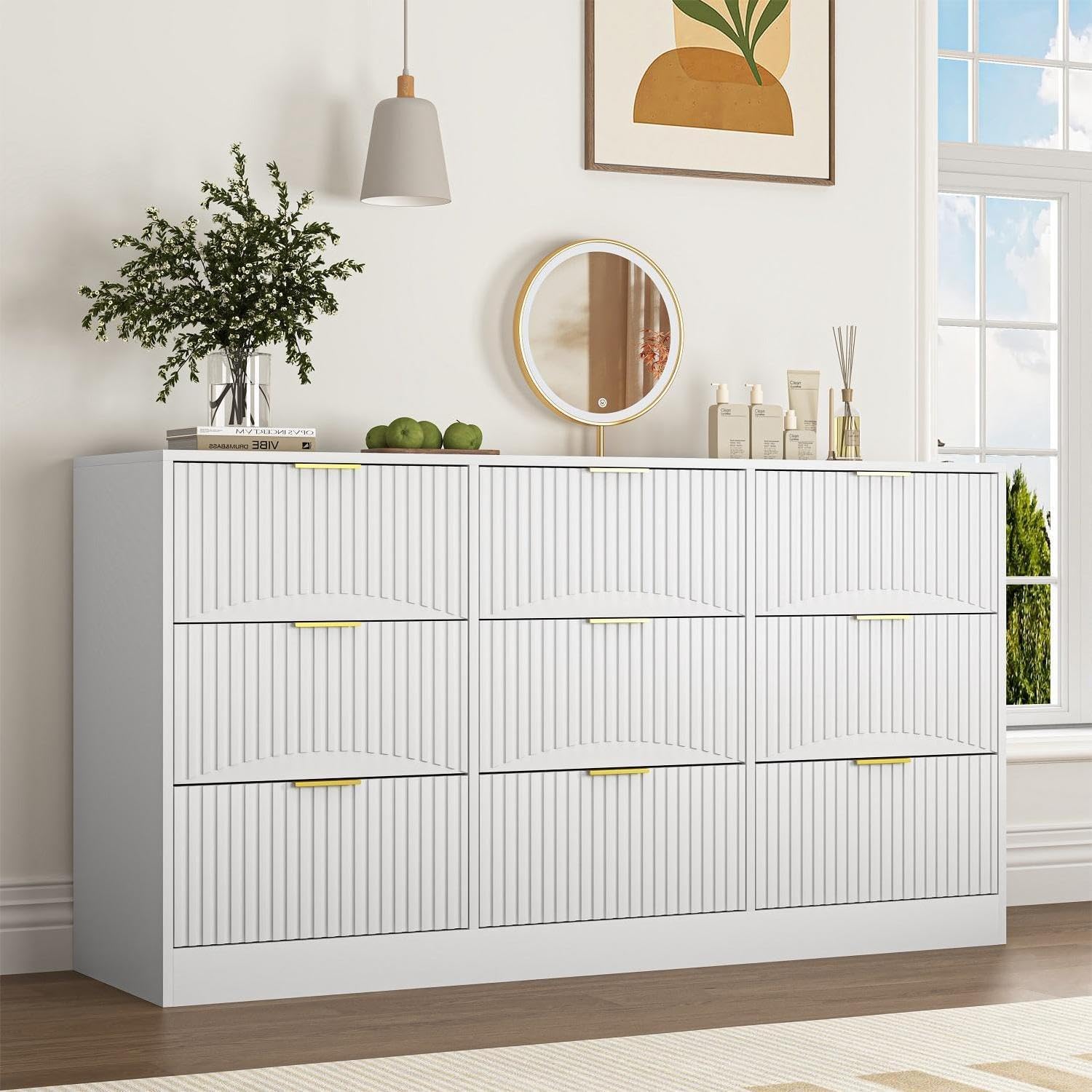 Fluted White 9 Drawer Dresser for Bedroom, Modern Long Deep Drawer Dresser with Gold Handle,Large Chest of Drawer,Wood Bedroom Storage Furniture for Closet,Hallway