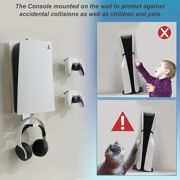 PS5 Wall Mount, Heavy-Duty Steel Mount Kit for Protection & Cooling with 2 Controller Holder and Headset Holder,Compatible with All PS5 Models Including Slim, Pro, Original. (White) - 4