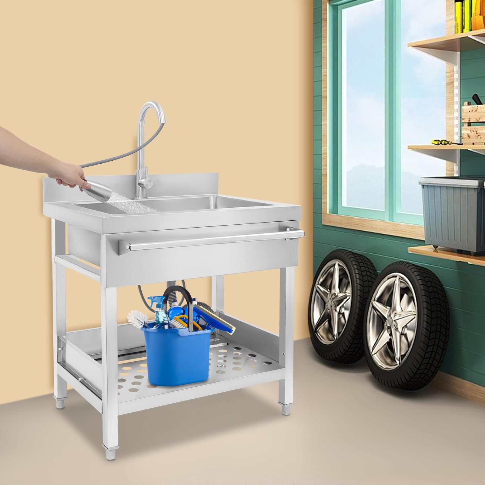 Lavello autoportante in acciaio inox con rubinetto estraibile, lavello da cucina mobile con rubinetto freddo e caldo, lavello singolo (76 x 56 x 90 cm), argento