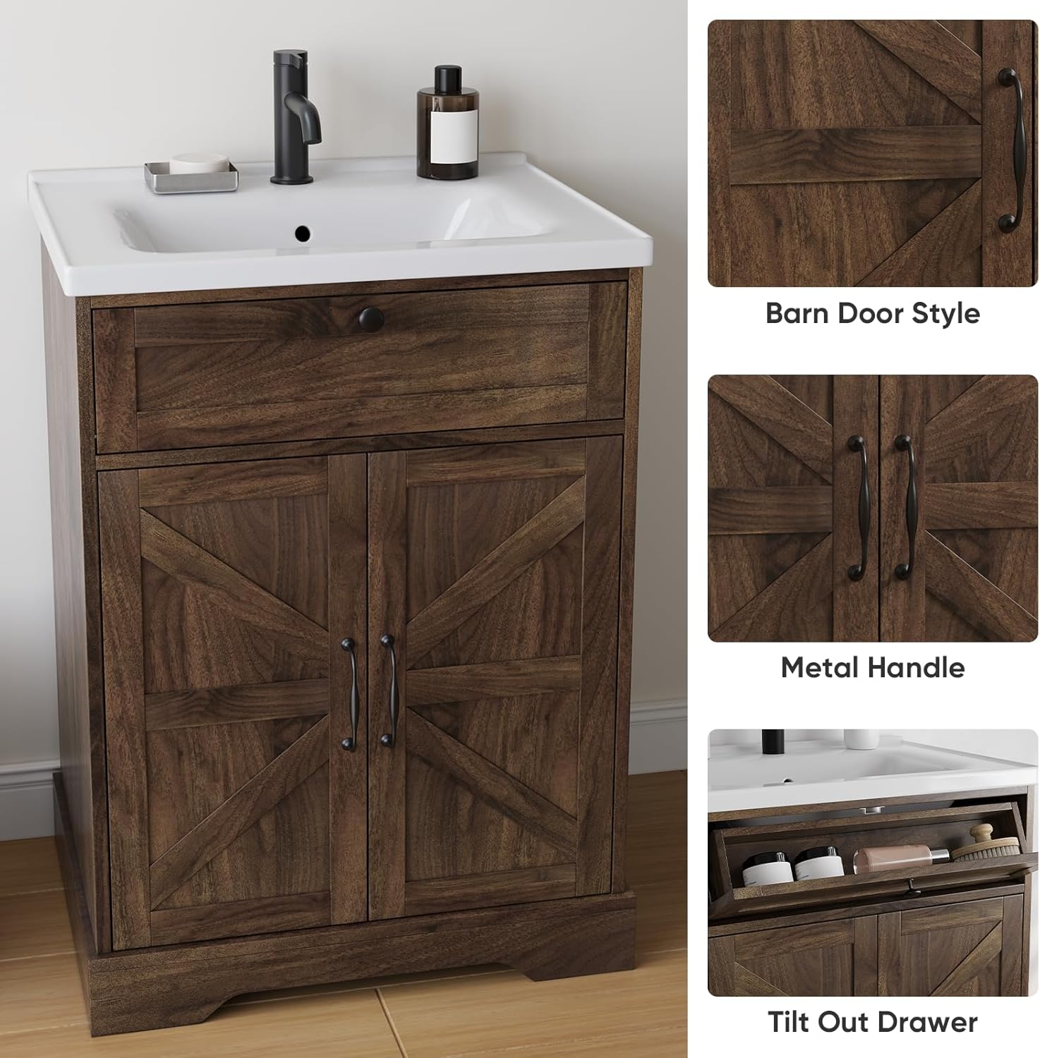 Smart FENDEE 23.62" Bathroom Vanity with Ceramic Sink, Farmhouse Bathroom Vanity Cabinet with Barn Door & Drawer, Freestanding Floor Storage Cupboard with Sink Combo Set, Walnut Color