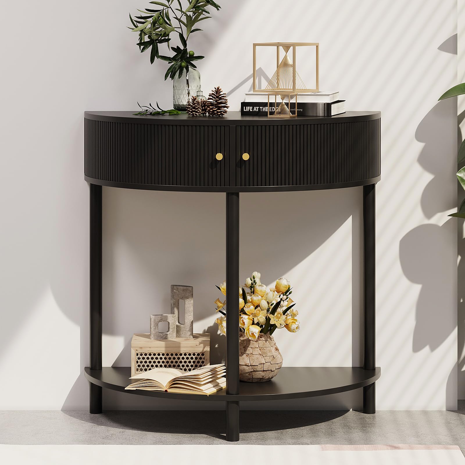 Trironsun Mesa de consola de media luna con espacio de almacenamiento, mesa de pasillo estrecha con 2 cajones, asas y estantes dorados, mesa auxiliar de madera boho para sala de estar, dormitorio o