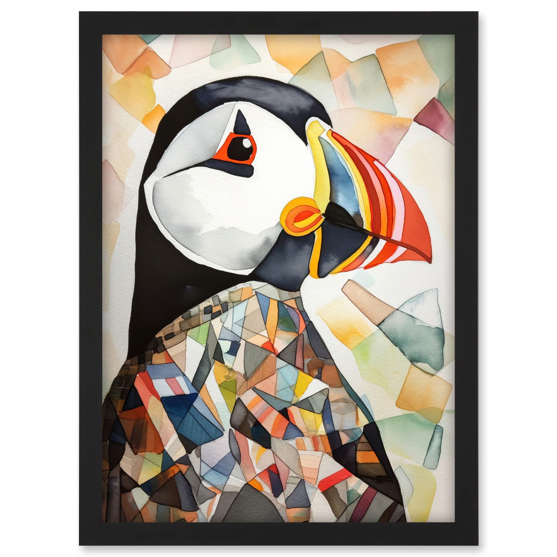 Artery8 Puffin Bird Abstract Portrait Folk Art Artwork Framed A3 Wall Art Print