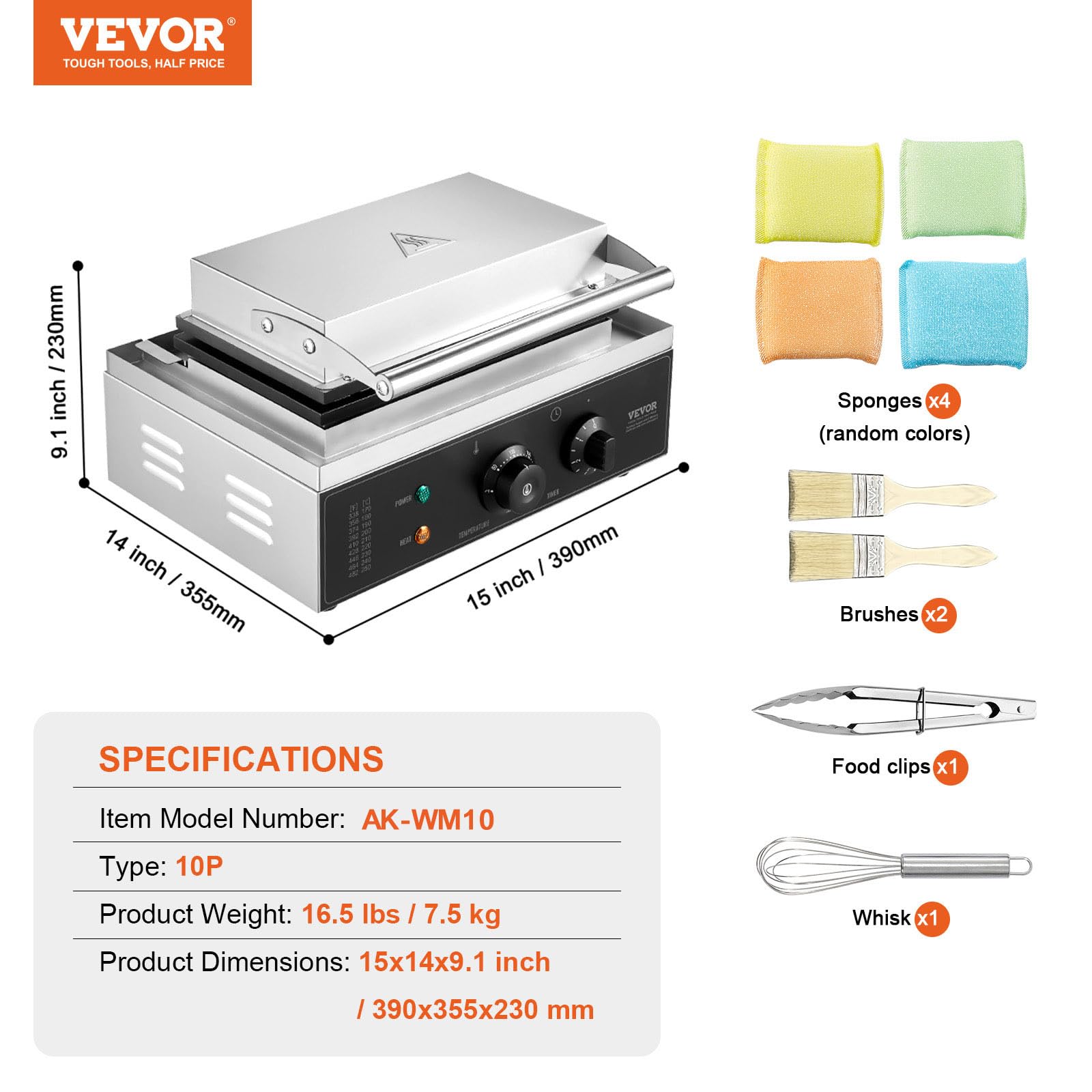 VEVOR Gaufrier Commercial 1550 W, Appareil à Gaufres Belges Rectangulaires, Capacité 10PCs, en Acier Inoxydable, Antiadhésif, avec Contrôle de la Température et du Temps, Boulangerie, Snack-bar