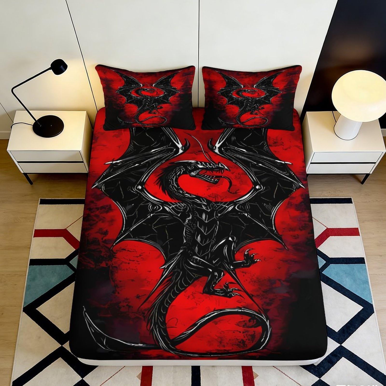 3D Printed Red Black Dragon Fitted Sheet Microfiber Soft Breathable Gothic Moon Bed Cover for Bedroom Dorm Decor 90x200x25cm