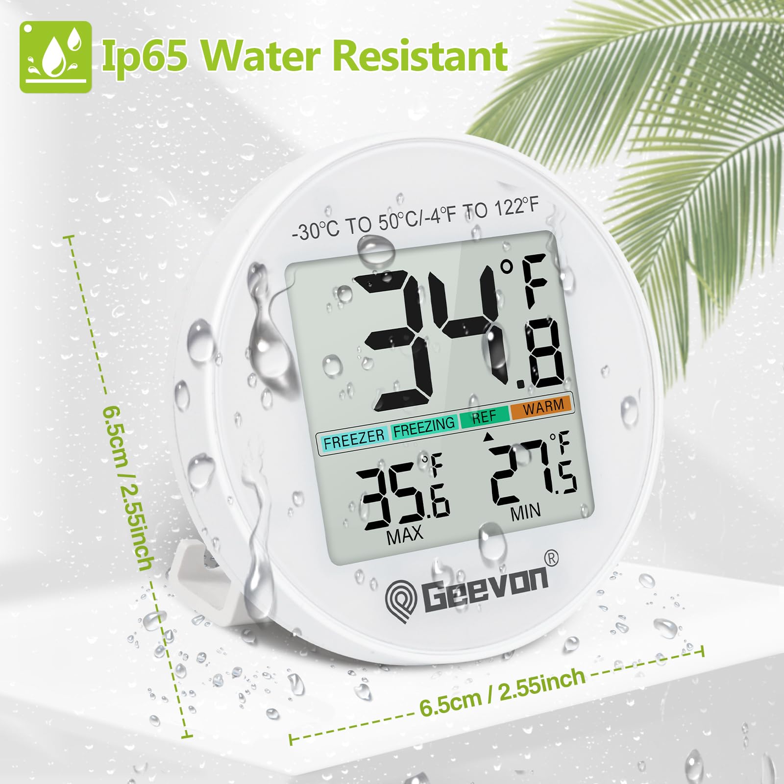 Geevon Termómetro para nevera, mini LCD digital, IP65 impermeable, función de indicador de temperatura del refrigerador, parte trasera magnética de soporte, registro mínimo máximo, termómetros de