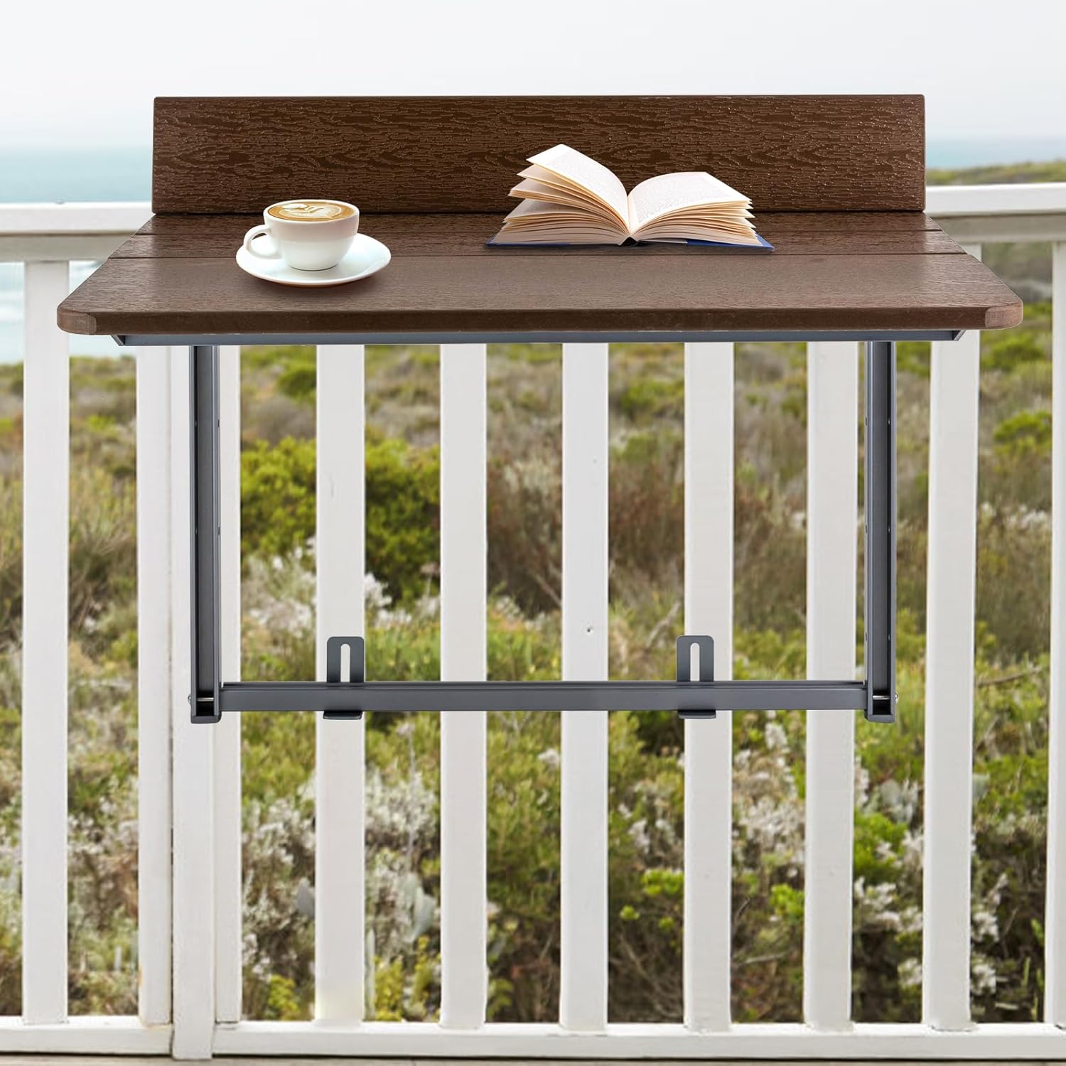 Folding Balcony Table with Adjustable Height, Hanging Balcony Bar Table for Railings Outdoor Side Table for Patio, Garden (Brown D*W: 47.2 * 14.5in)