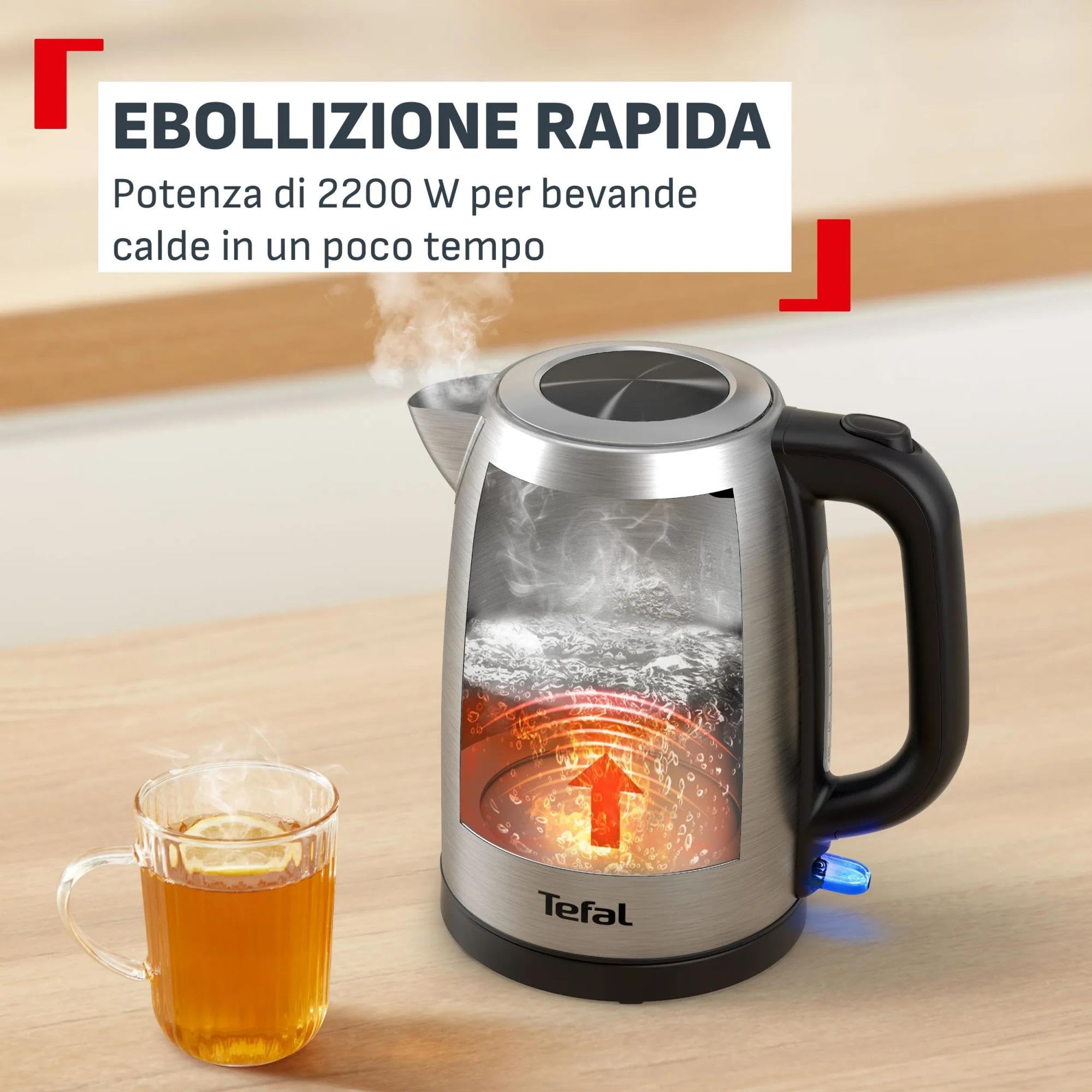 Tefal Bollitore In Acciaio Inossidabile 1.7 L, 2200 W Ebollizione Rapida, Spegnimento Automatico, Livello Acqua Ben Visibile, KI1R0DE0