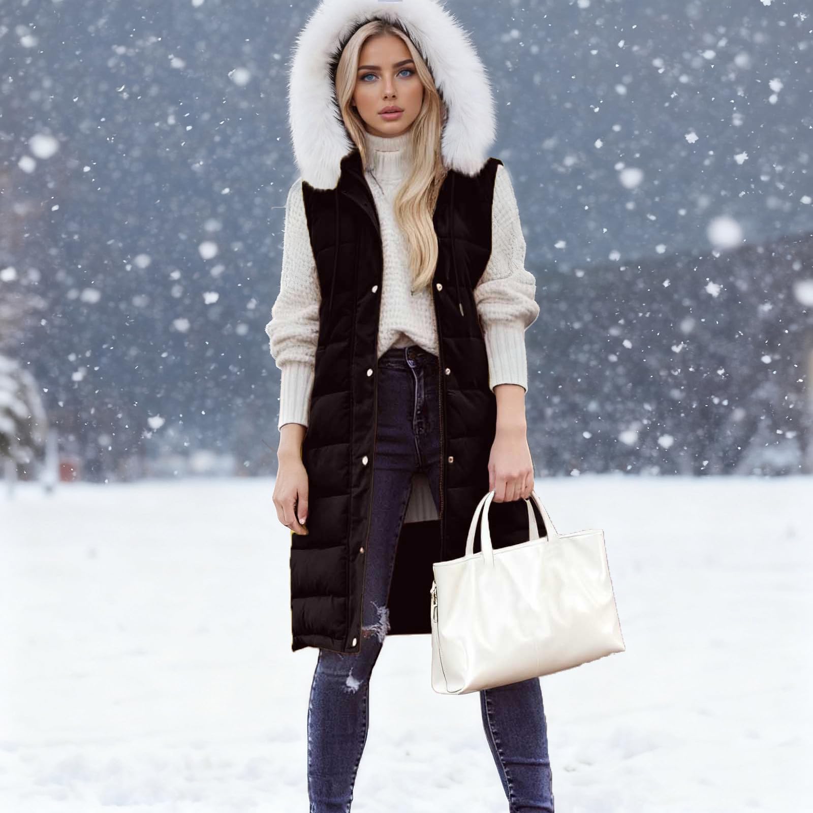 Chaleco acolchado para mujer, talla grande, para otoño e invierno, longitud media, abrigo acolchado con cremallera completa, cálido, sin mangas, chaqueta térmica con cremallera lateral, chaleco de
