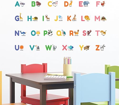 Miniatura 2 de DECOWALL DS-8014 - Alfabeto colorido de animales, ABC, letras, niños, calcomanías de pared adhesivas de pared, desprendibles, adhesivos de pared