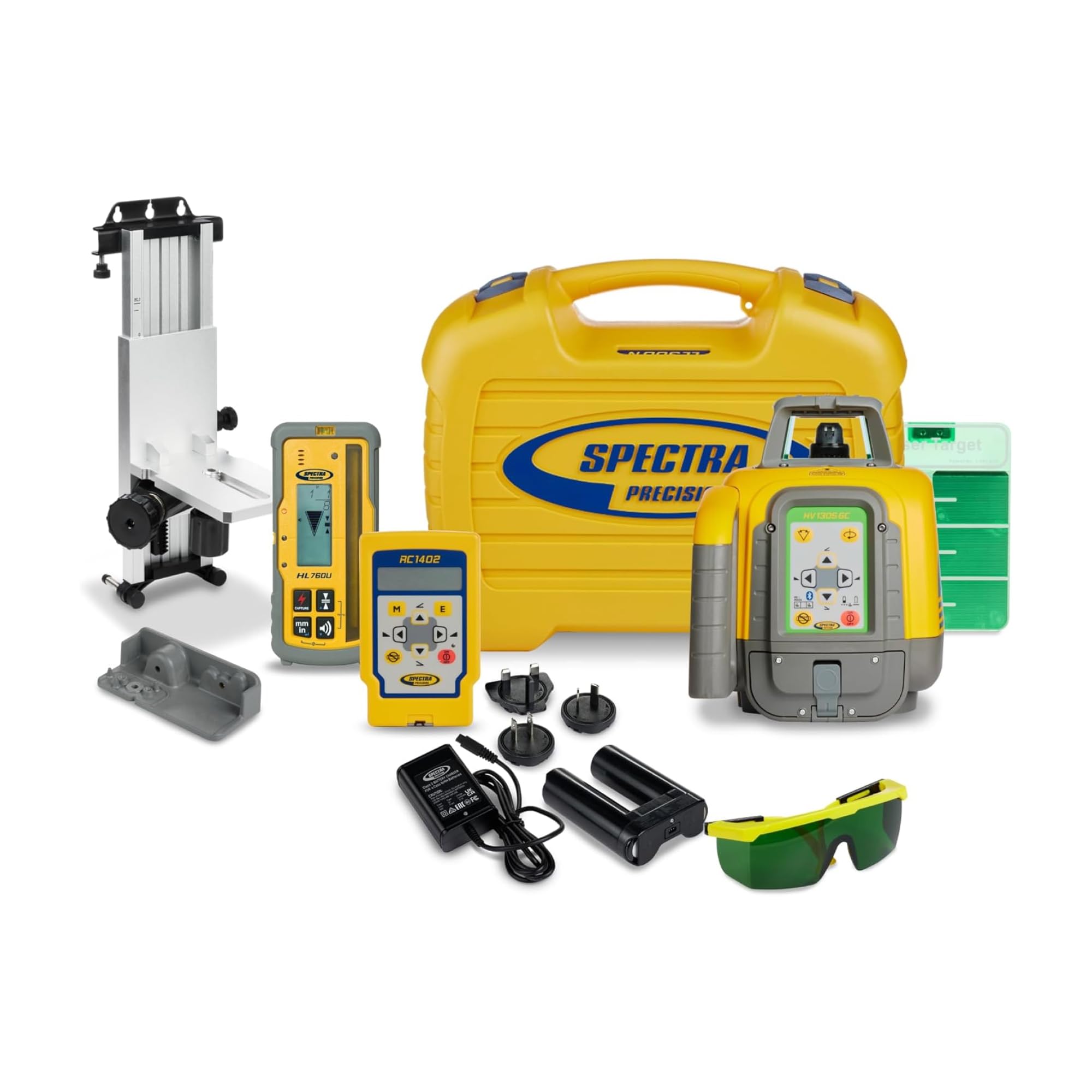 Spectra Precision HV1305GC Laser Kit with HL760U Receiver, RC402N Remote, M302 Wall Mount & Accessories — IP66, ±1.5 mm Accuracy, 1,200 m Range - Green Beam - Small Case