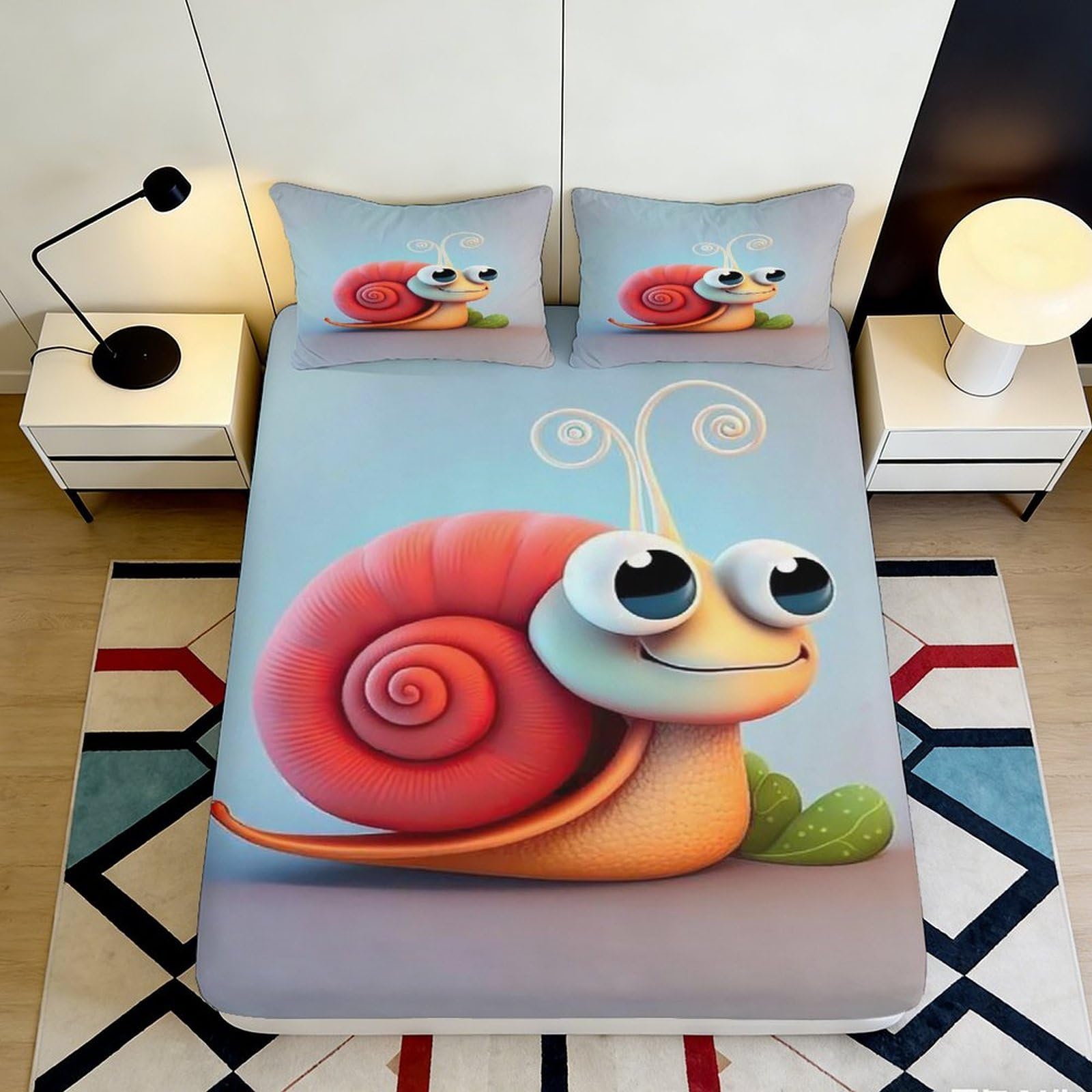 3D Printed Cartoon Snail Fitted Sheet Microfiber Non Slip Animal Bed Cover for Bedroom Guest Room Easy Care 90x200x25cm