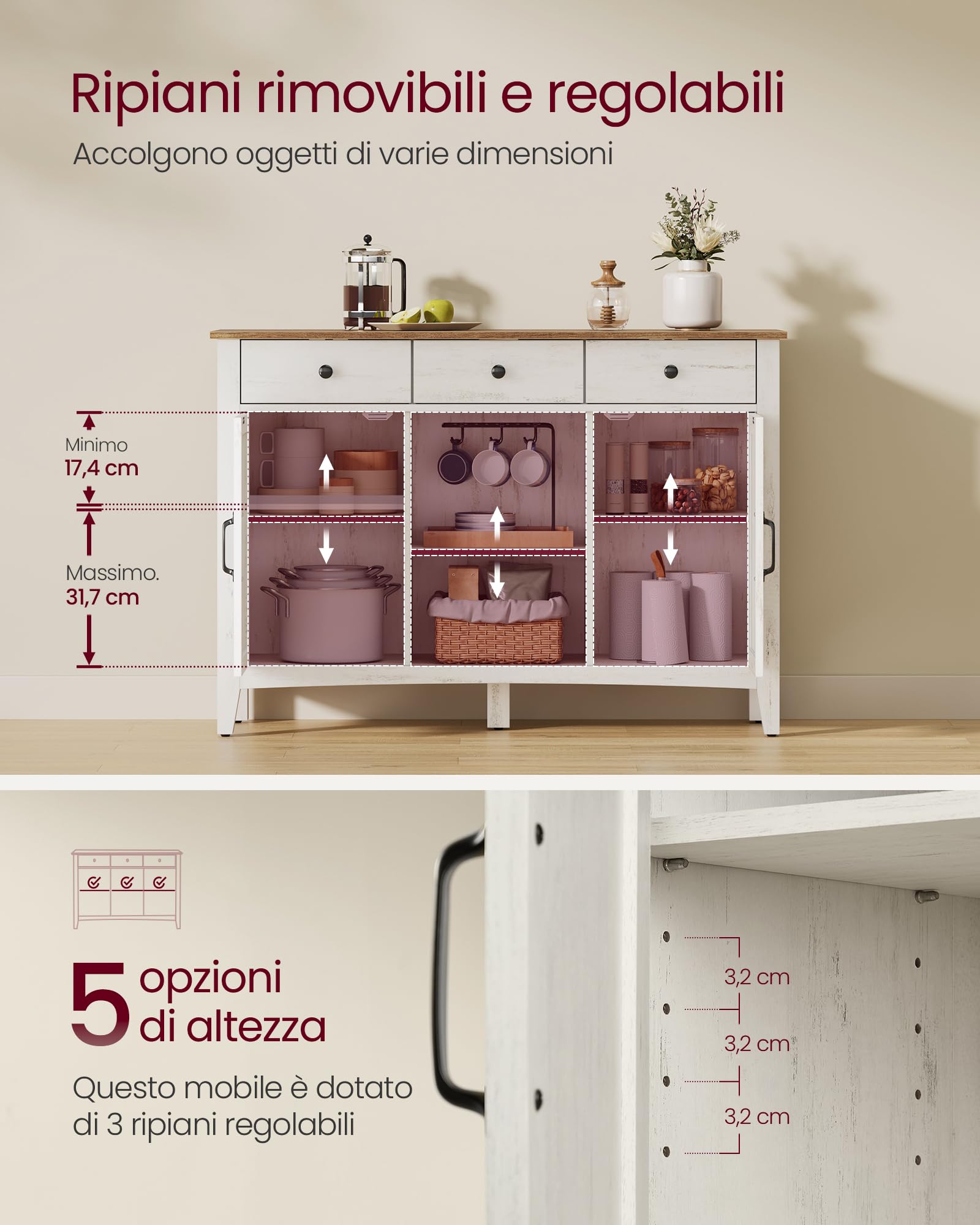 VASAGLE Mobiletto da cucina, credenza con cassetti, armadietto portaoggetti con ante, ripiano regolabile, stile rustico, per soggiorno, cucina, 40 x 114,5 x 80 cm, bianco vintage e marrone miele