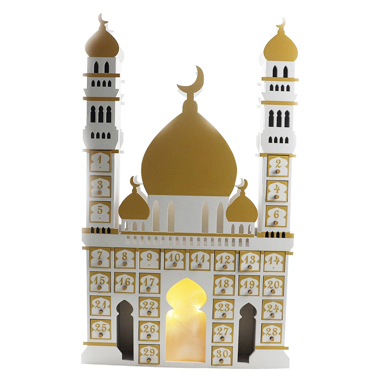 Holz LED Beleuchtung Eid Mubarak Adventskalender Dekoration mit Schubladen für Wohnzimmer Fest Büro Geschenk, Weiß