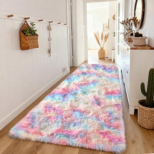 Ompaa Alfombra suave y esponjosa de arco iris para dormitorio de niñas, alfombras Kawaii de teñido anudado para niños, para adolescentes, estética,