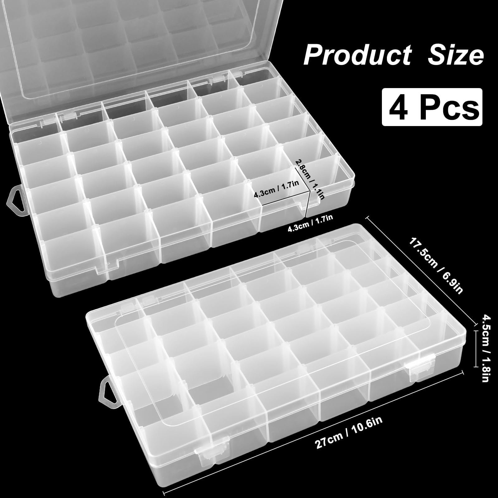 Confezione da 4 contenitori in plastica trasparente a 36 scomparti con divisori regolabili, organizer per piccole parti, organizer per perline, arte fai da te, scatole portaoggetti per