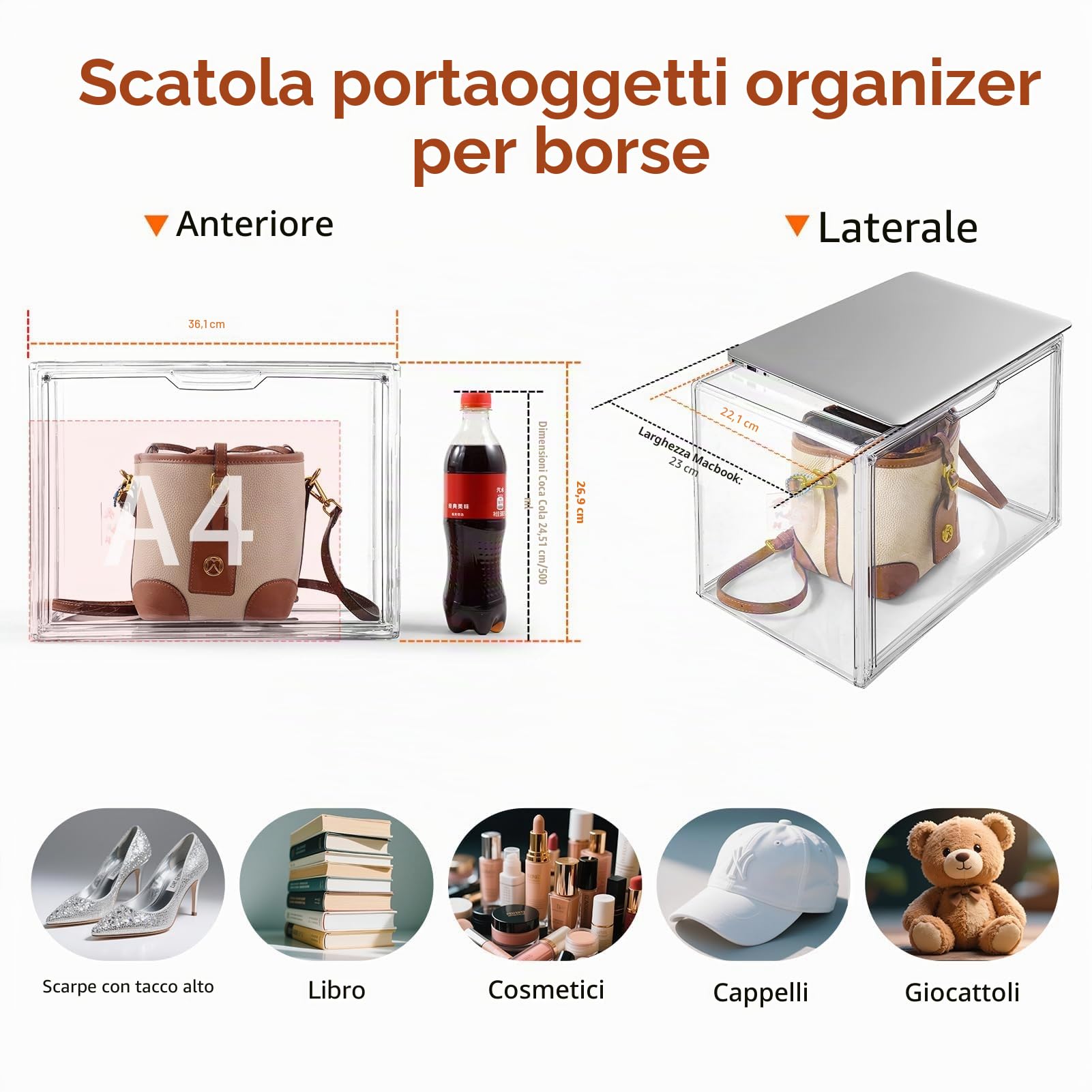 starogegc Confezione da 3 organizer per borse in plastica trasparente per armadio, vetrina acrilica per borsa e borsa, organizer per armadio con coperchio magnetico per libri, giocattoli, cappello