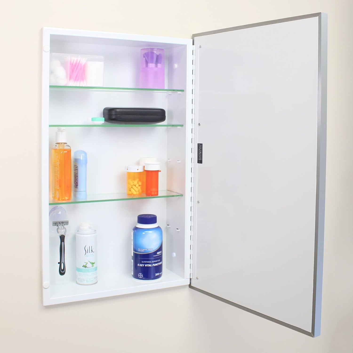 Fox Hollow Furnishings 16x26 Parker Metro Metal Framed Rectangle Recessed Bathroom Medicine Cabinet, Floating Mirror, 14x24 in-Wall Opening, Adjustable Glass Shelves, Magnet Close, Brushed Nickel