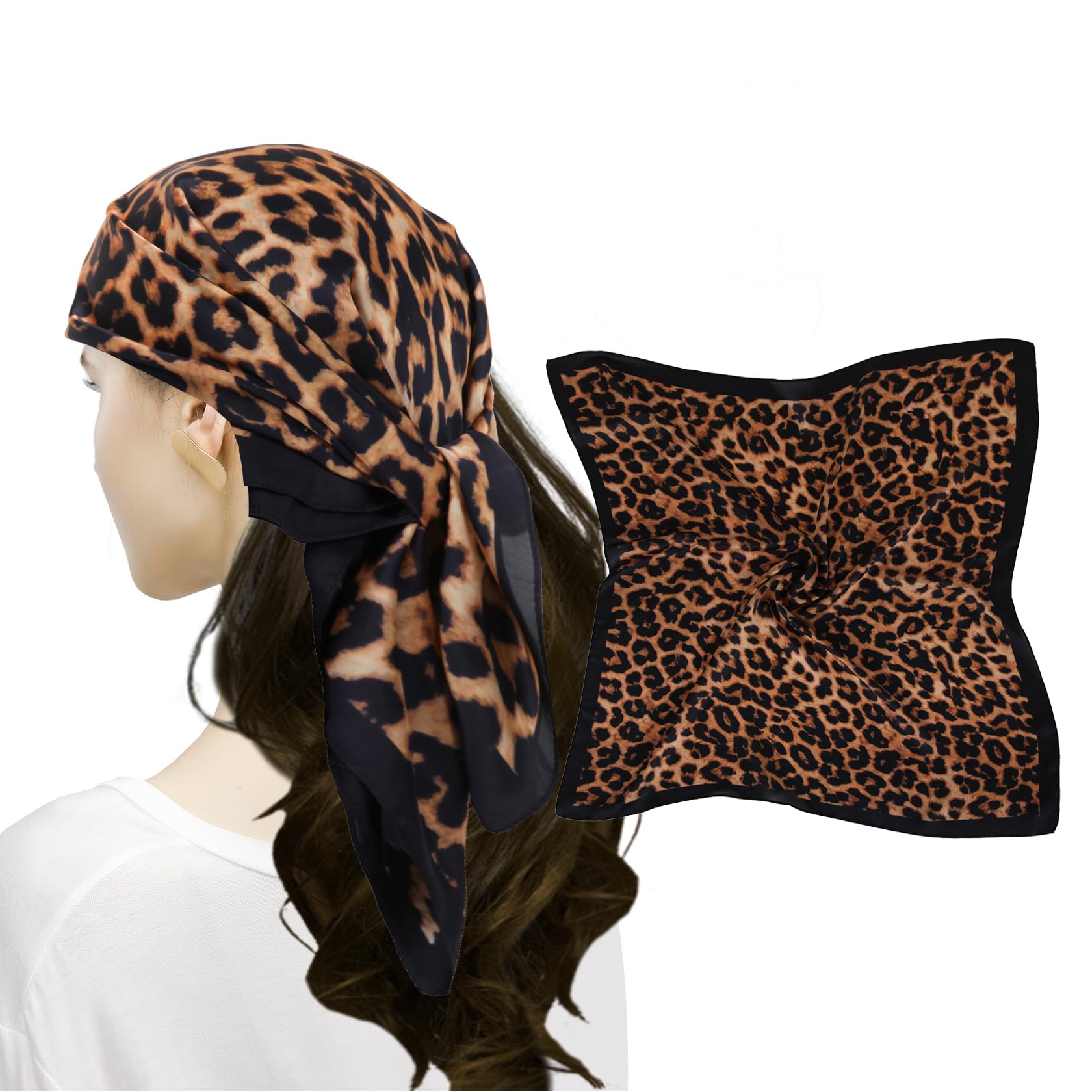 MEANBEAUTY Square Silk Like Head Scarf for Women Satin Bandana Head Scarves Neck Scarfs 27.5 Inch(Black Leopard)