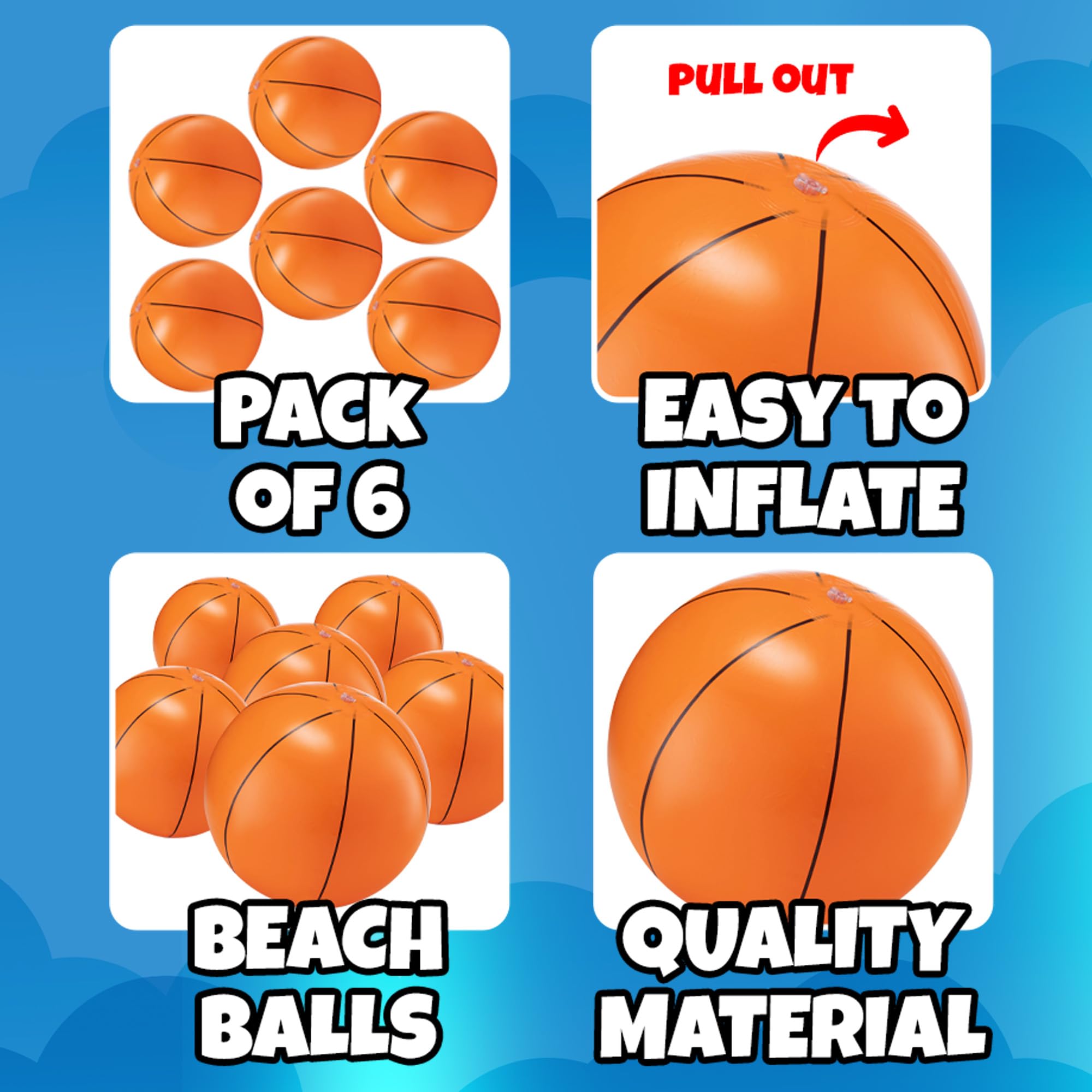 Pelotas inflables de playa de baloncesto (paquete de 6) – Pelotas de playa inflables de PVC duraderas de 16 pulgadas para niños, fáciles de inflar, juguetes de piscina de verano al aire libre