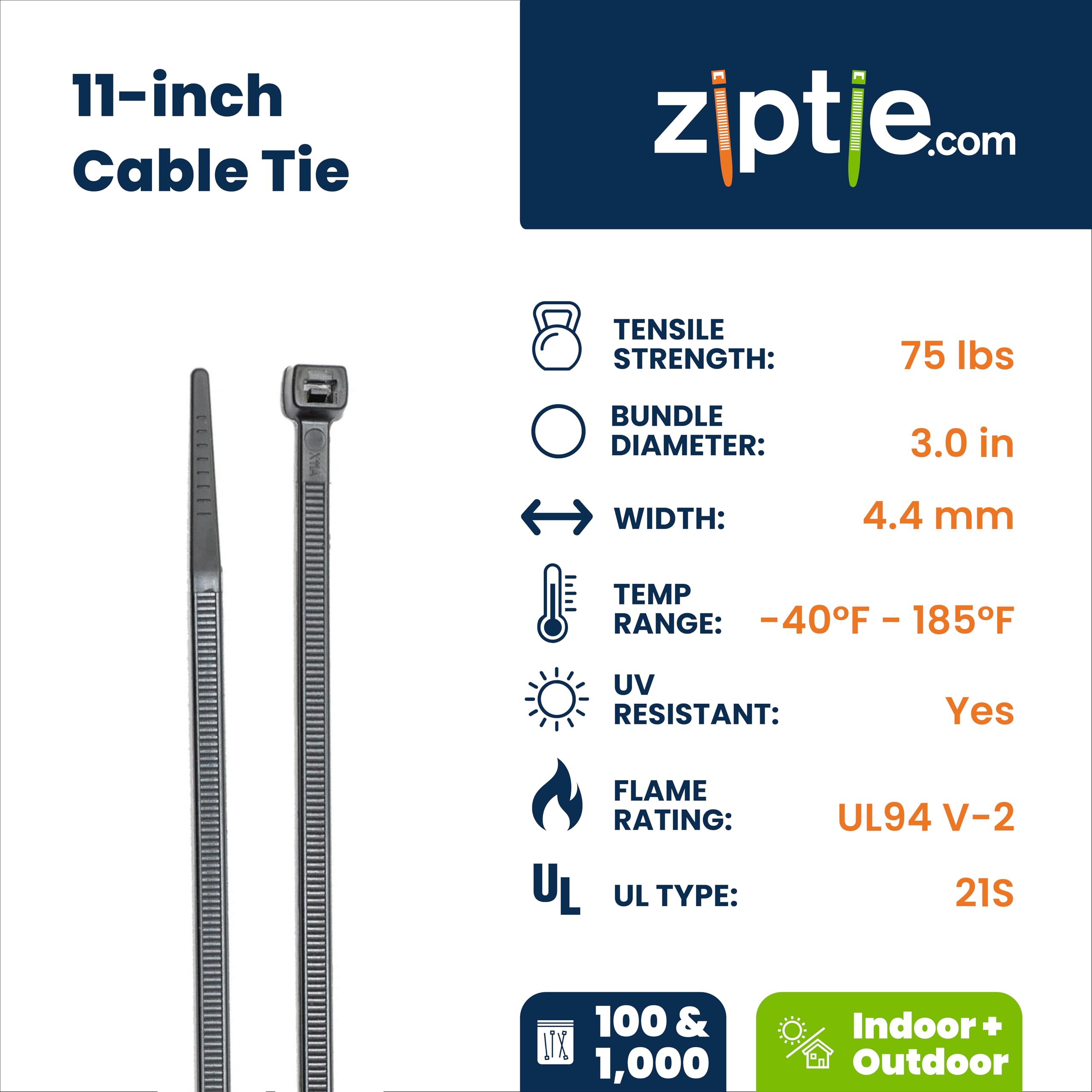 ZipTie.com Zestaw 100 uniwersalnych opasek kablowych Czarny 27,9 cm Wytrzymałość na rozciąganie 34 kg