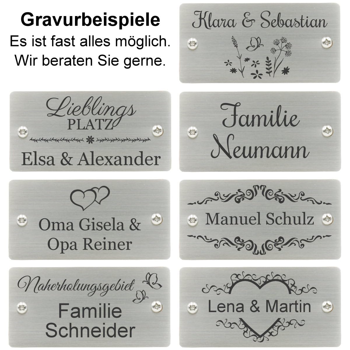 Bank mit Gravur zB Schild Lieblingsplatz (Namen), Friesenbank Kleeblatt 120cm, Edelstahlschild personalisiert Teakholz-Gartenbank Geschenk-Idee Geburtstag Hochzeit UVM.
