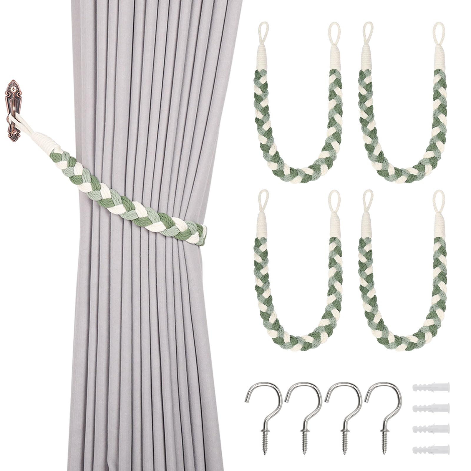Pretty Jolly 4 Pack Natural Cotton Rope Curtain Tiebacks Elegant Boho Style Decorative Drape Tie Backs Soft Hand-Woven Rope Curtain Holdbacks with Metal Hook for Home & Office Drapery (Green & Beige)