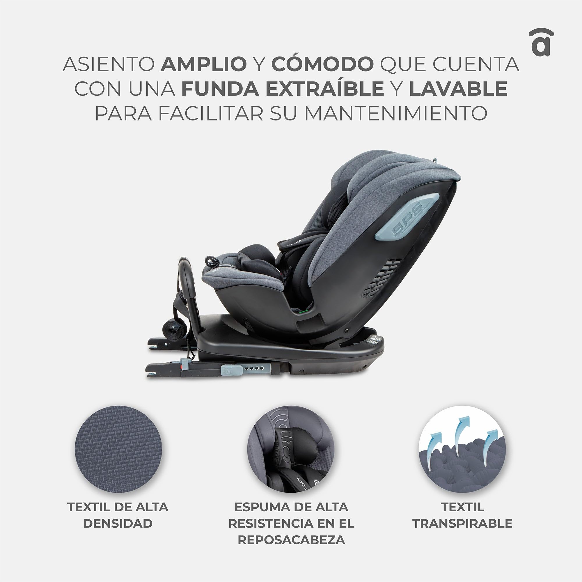Silla de Coche i-Size 40-150 cm Grupo 0 1 2 3, ISOFIX + Top Tether, Giro 360°, Contramarcha hasta 105 cm, Reclinable – Asalvo Panafix Gris