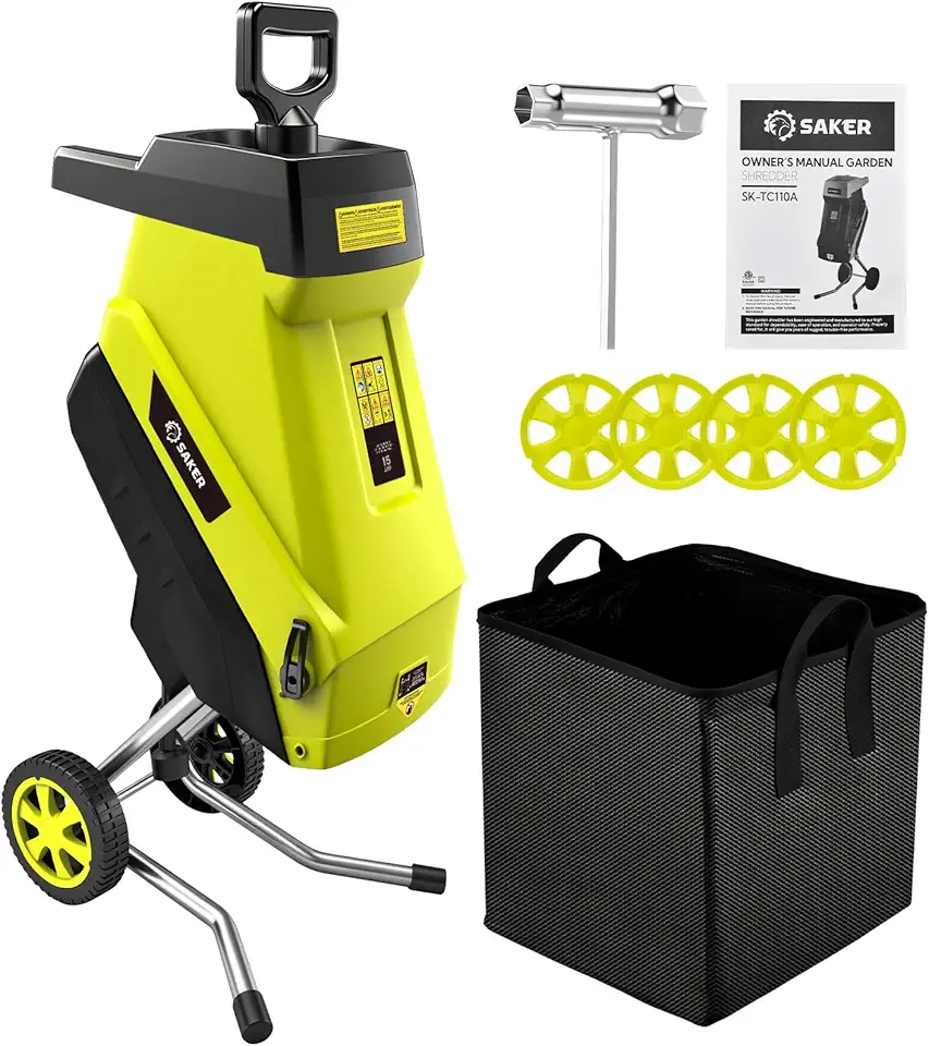 Saker Triturador elétrico de madeira com fio de 15 Amp, corte de 4,6 cm com saco de coleta, lâmina dupla face para cortar galhos folhas, grama, recortes, detritos de quintal SK-TC110A