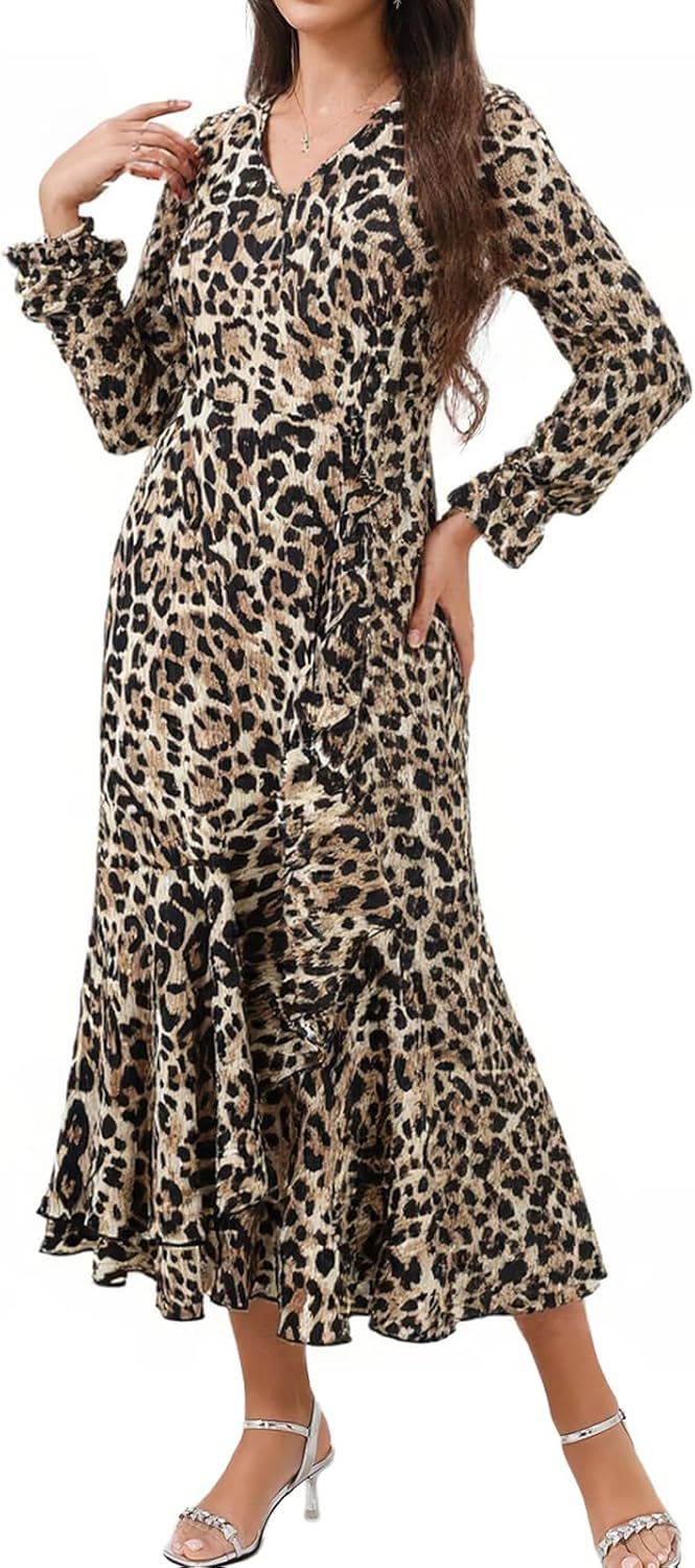DERAX Womens Leopard Print Maxi Dress Long Sleeve V Neck Ruffle Asymmetrical Hem 2026 Spring Long Dresses