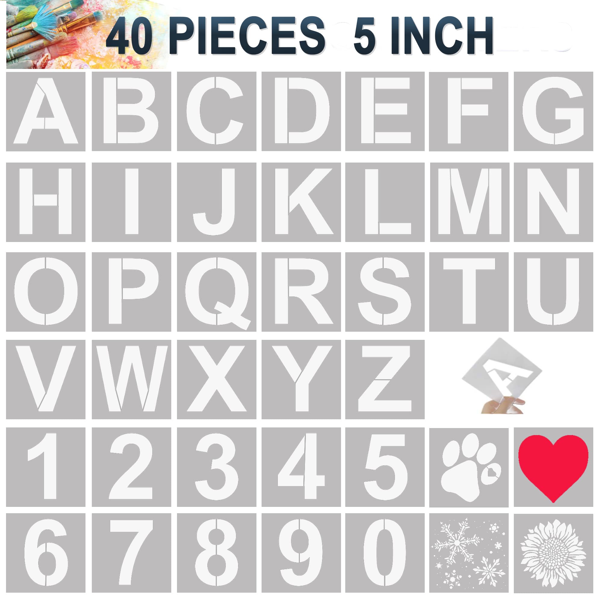 4 Inch Letter & Number Stencils - 40 Pcs Alphabet & Numbers - Modern Style - Reusable for Wood, Walls, Fabric, Rock, Chalkboard, Signage & DIY School Art Projects