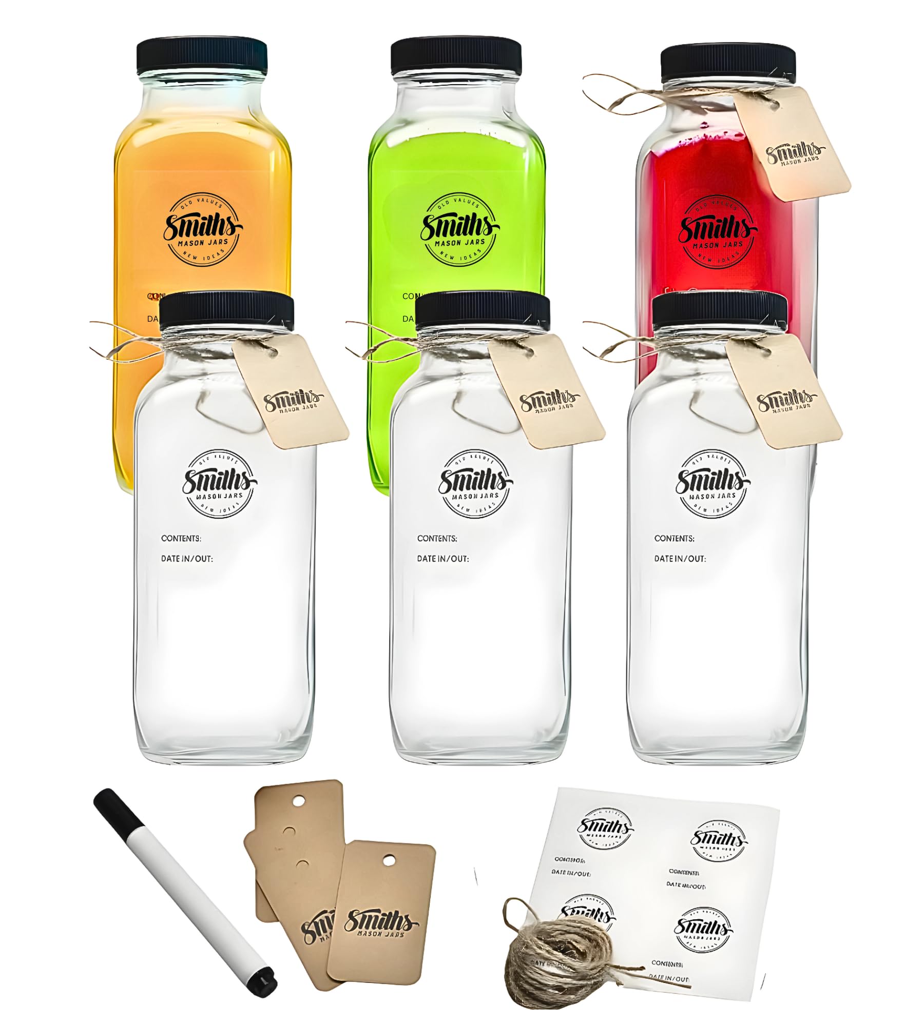Smiths Mason Jars - Pack of 6, 500ml Glass Bottles with Lids - Leak-Proof, Spill-Proof Clear Juicing Bottles with Tags & Pen for Easy Organization- Ideal for Smoothies, Juice and Milkshakes
