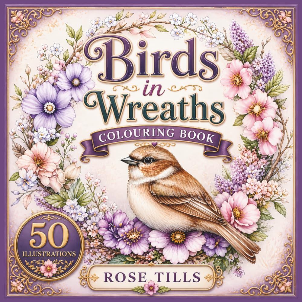Birds in Wreaths Colouring Book: Beautiful birds sitting in intricate colourful floral wreath arrangements, ready to colour for fun and relaxation
