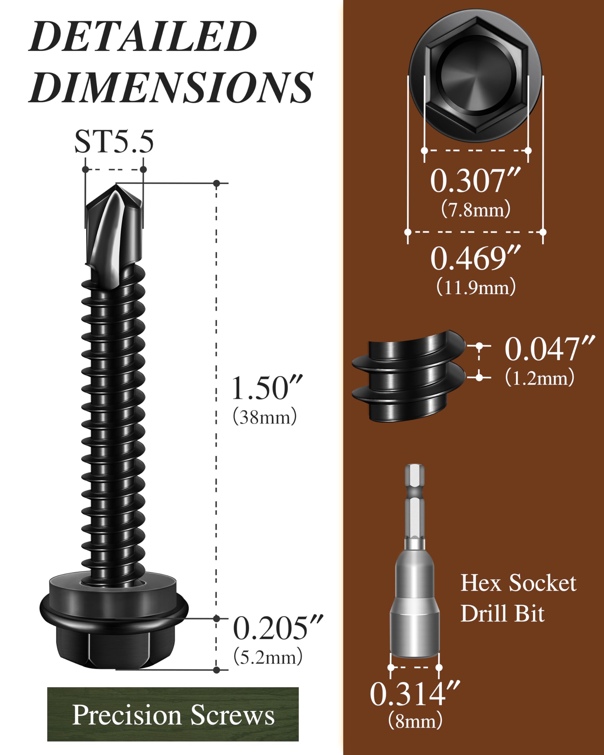 50 tornillos autoperforantes #12 x 1-1/2 pulgadas, tornillos autorroscantes negros para metal, tornillo de chapa de cabeza hexagonal de acero inoxidable 410, roscado rápido con enchufe