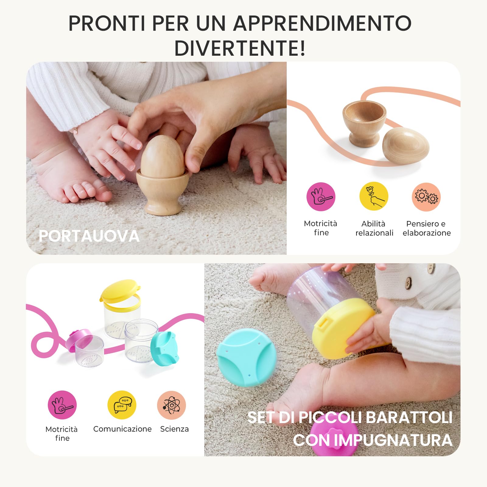 Tiny Land Set di Giocattoli Montessori 5 in 1 per Bimbi di 10-12 Mesi | Giocattoli Educativi di Legno con Impilatore Oscillante, Divisore di Uova, Set di Scatole e Borsa Arrugata