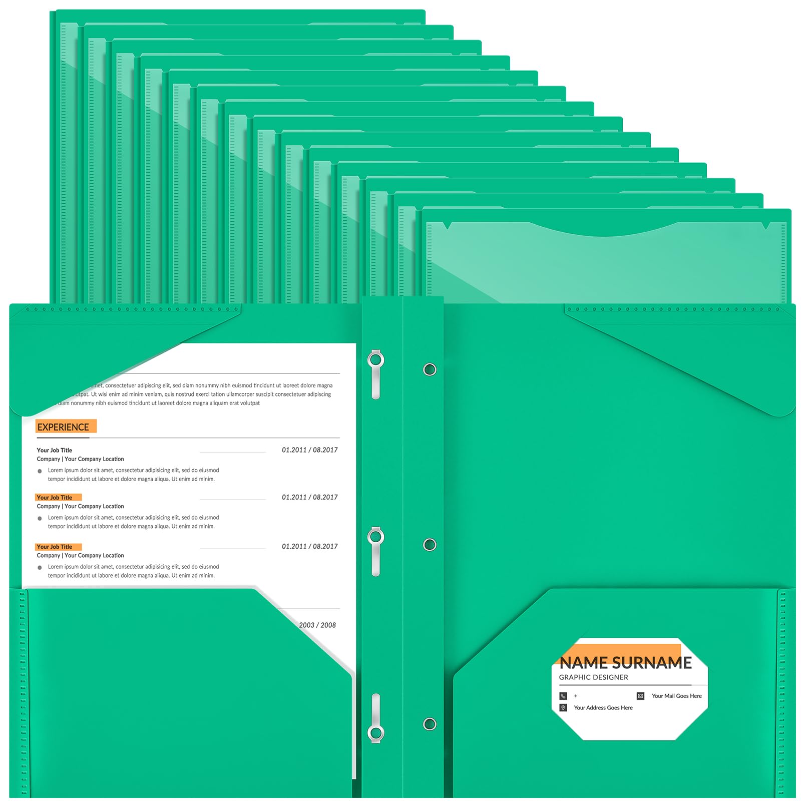 Henoyso 36 Pcs Plastic Folder with Clear Front Pocket and 3 Prong Plastic Folders with Card Slot Pocket Folders with Prongs for School Office (Green)