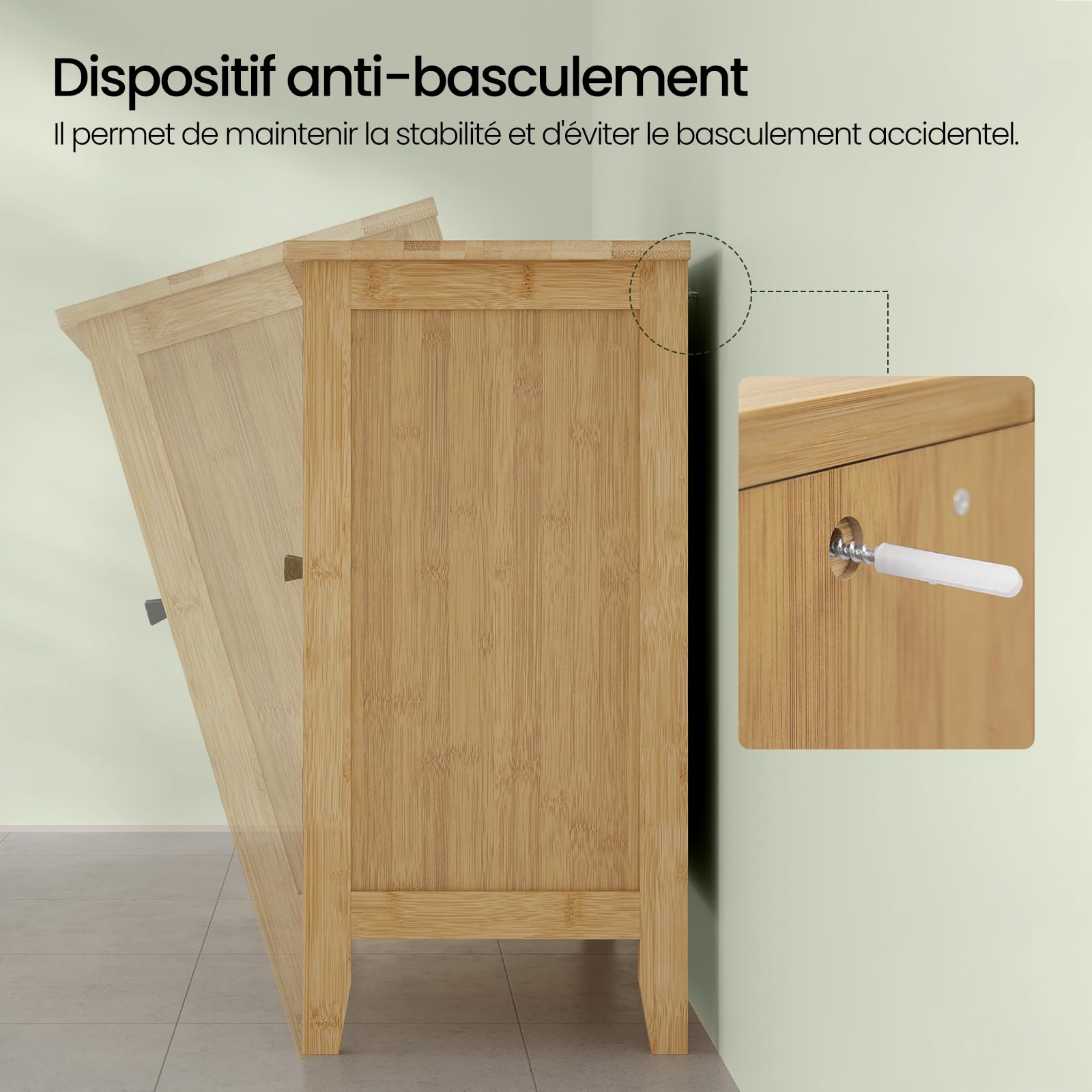 EUGAD Meuble sous Lavabo Salle de Bain en Bambou, Meuble sous Vasque, avec Découpe pour Siphon 20x23 cm, Portes à Lames et Étagère Réglable, 60x30x60 cm